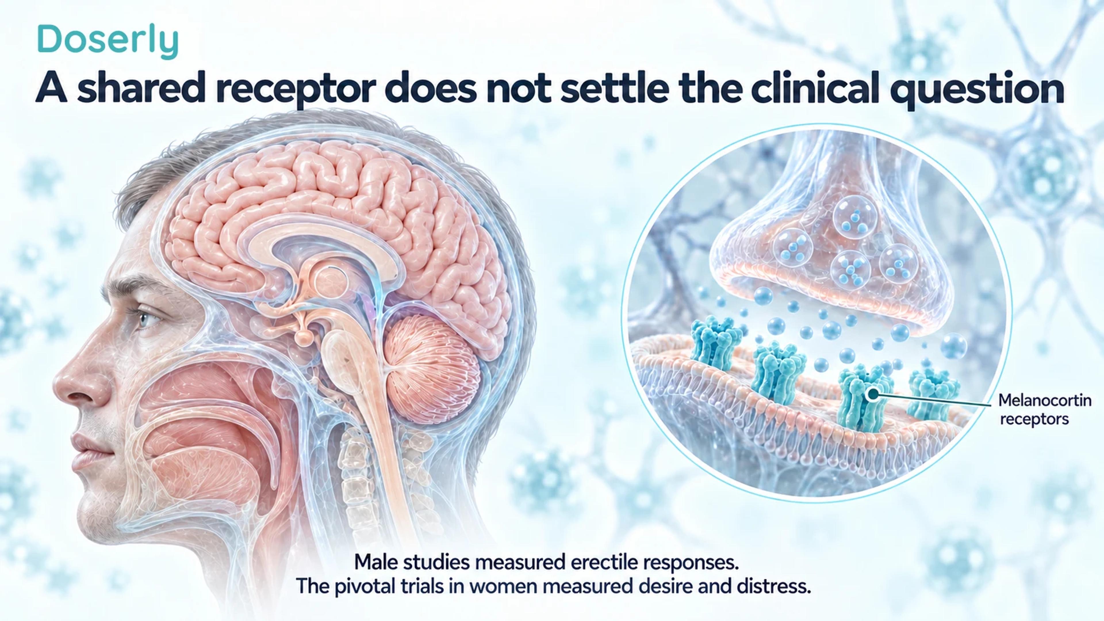 Male head and brain anatomy beside a conceptual neuronal membrane with melanocortin receptors.