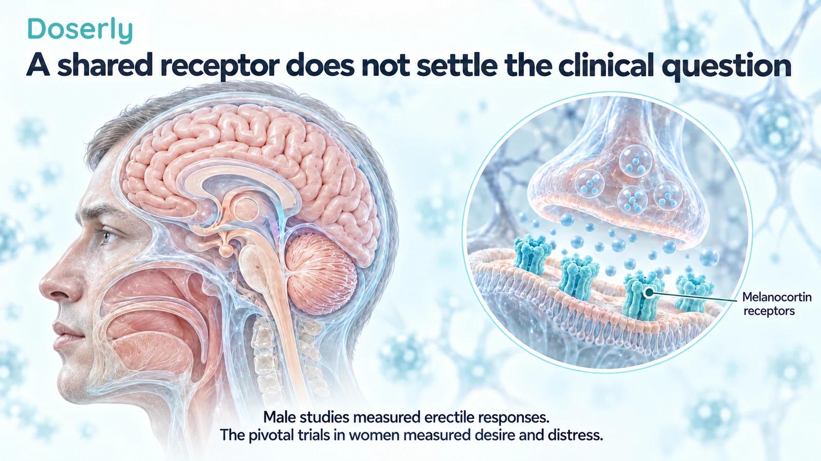 Male head and brain anatomy beside a conceptual neuronal membrane with melanocortin receptors.
