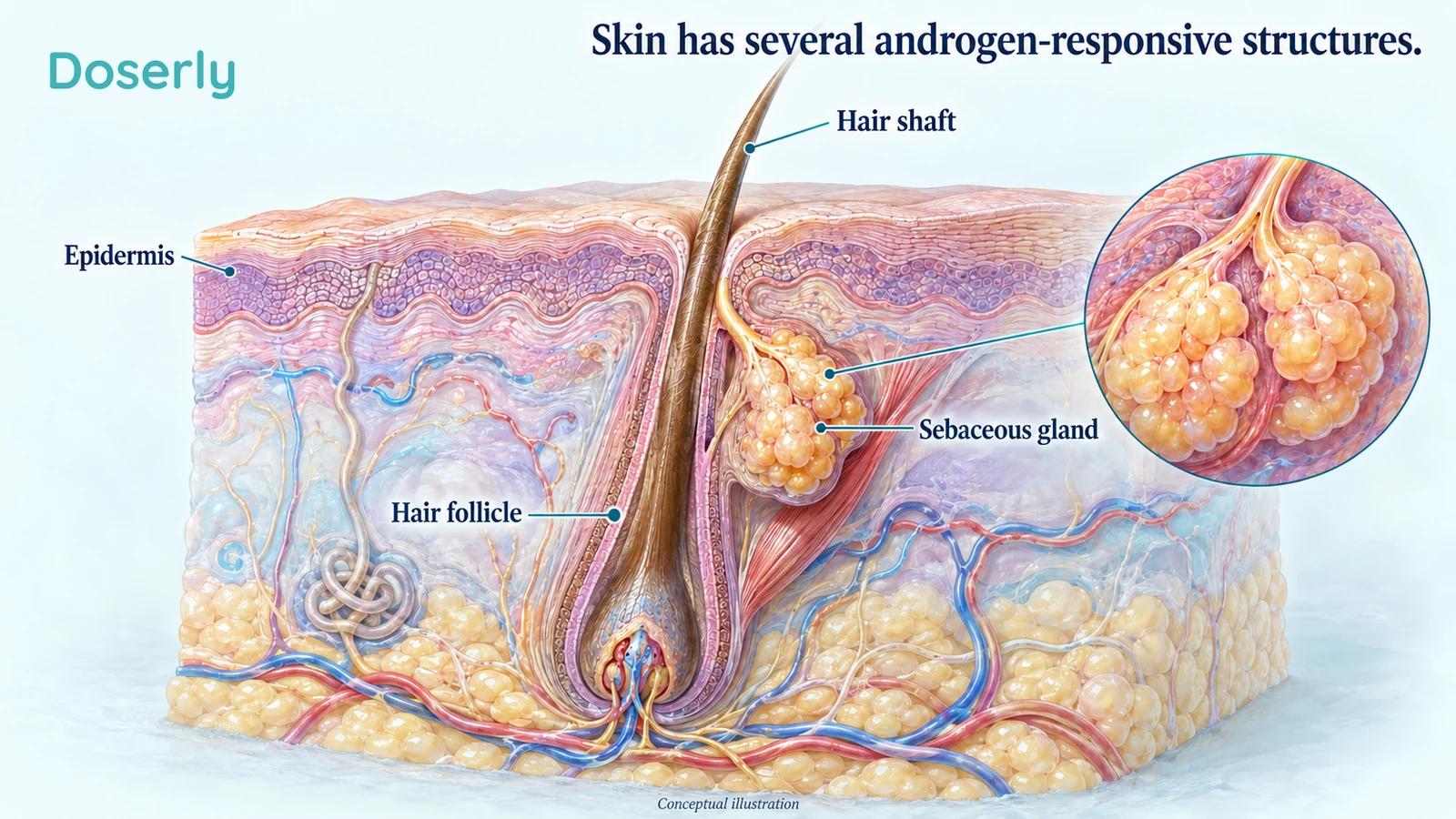 Conceptual skin cutaway showing a hair follicle and its associated sebaceous gland.
