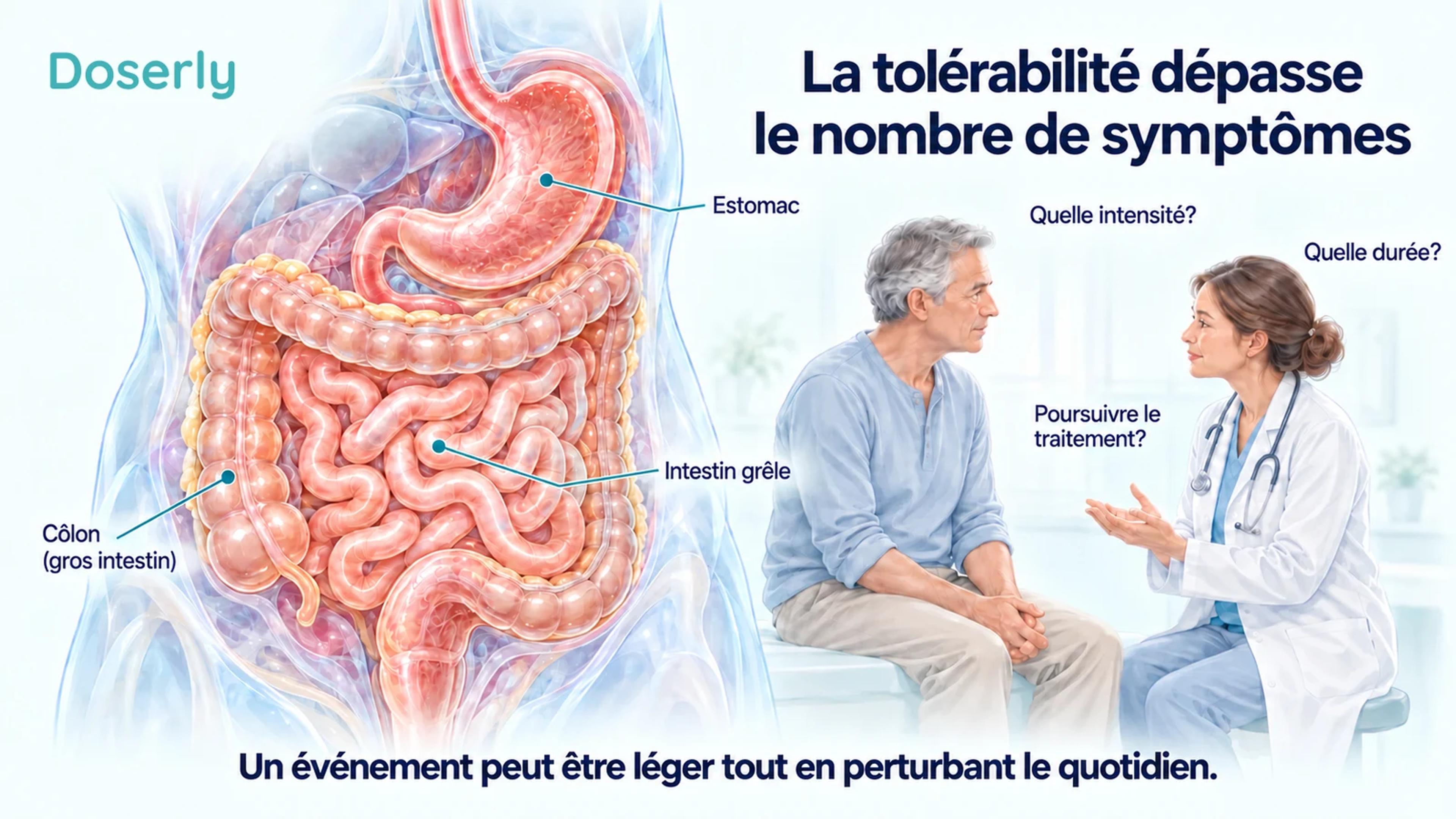Anatomie digestive translucide à côté d’une conversation clinique sur l’intensité et la durée des symptômes ainsi que la capacité à poursuivre le traitement.
