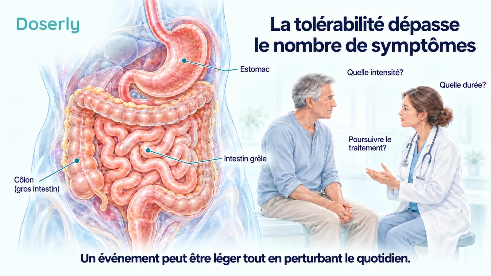 Anatomie digestive translucide à côté d’une conversation clinique sur l’intensité et la durée des symptômes ainsi que la capacité à poursuivre le traitement.