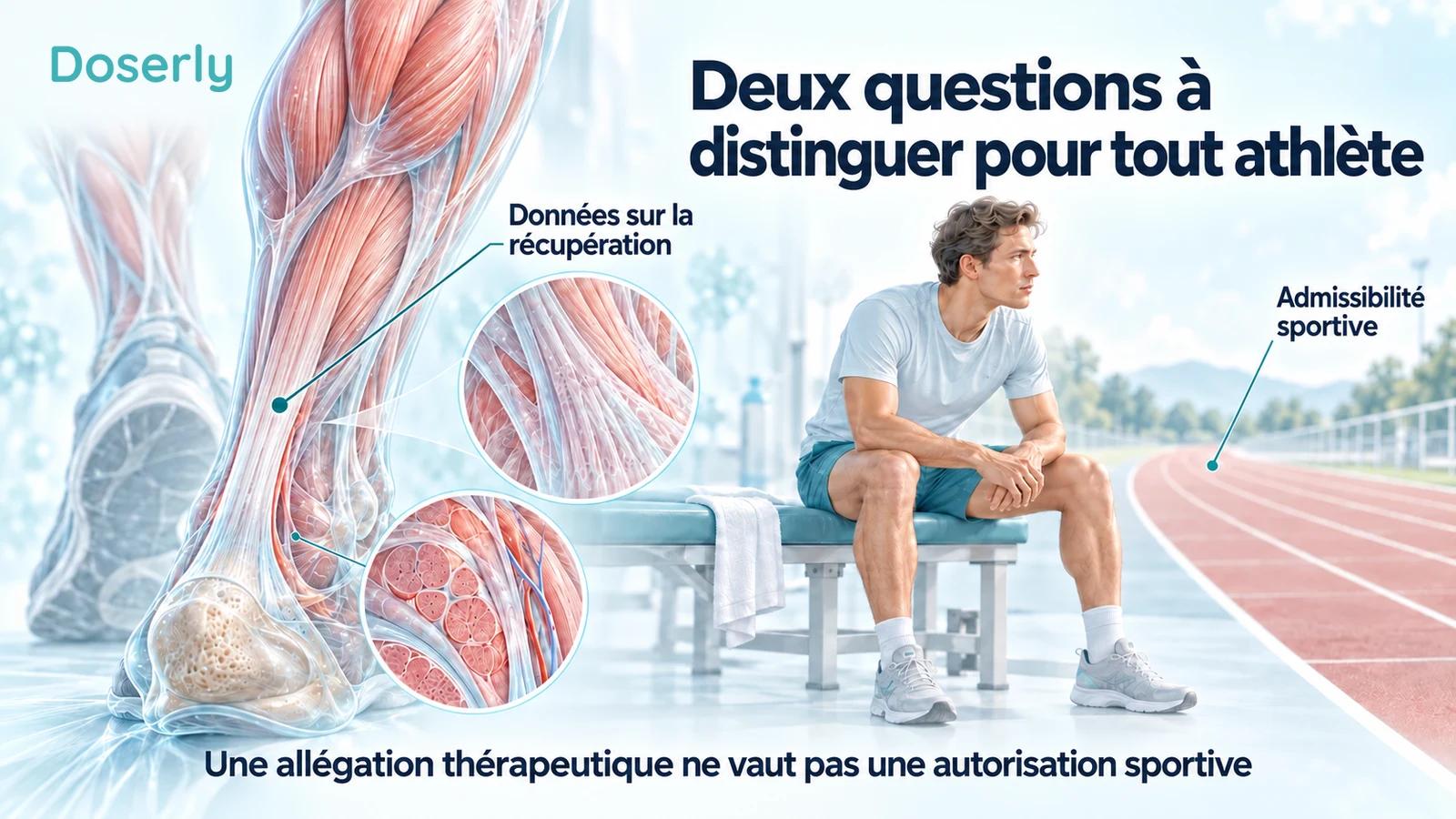 Illustration détaillée du tendon d’Achille à côté d’un athlète vêtu et assis et d’une piste de course vide