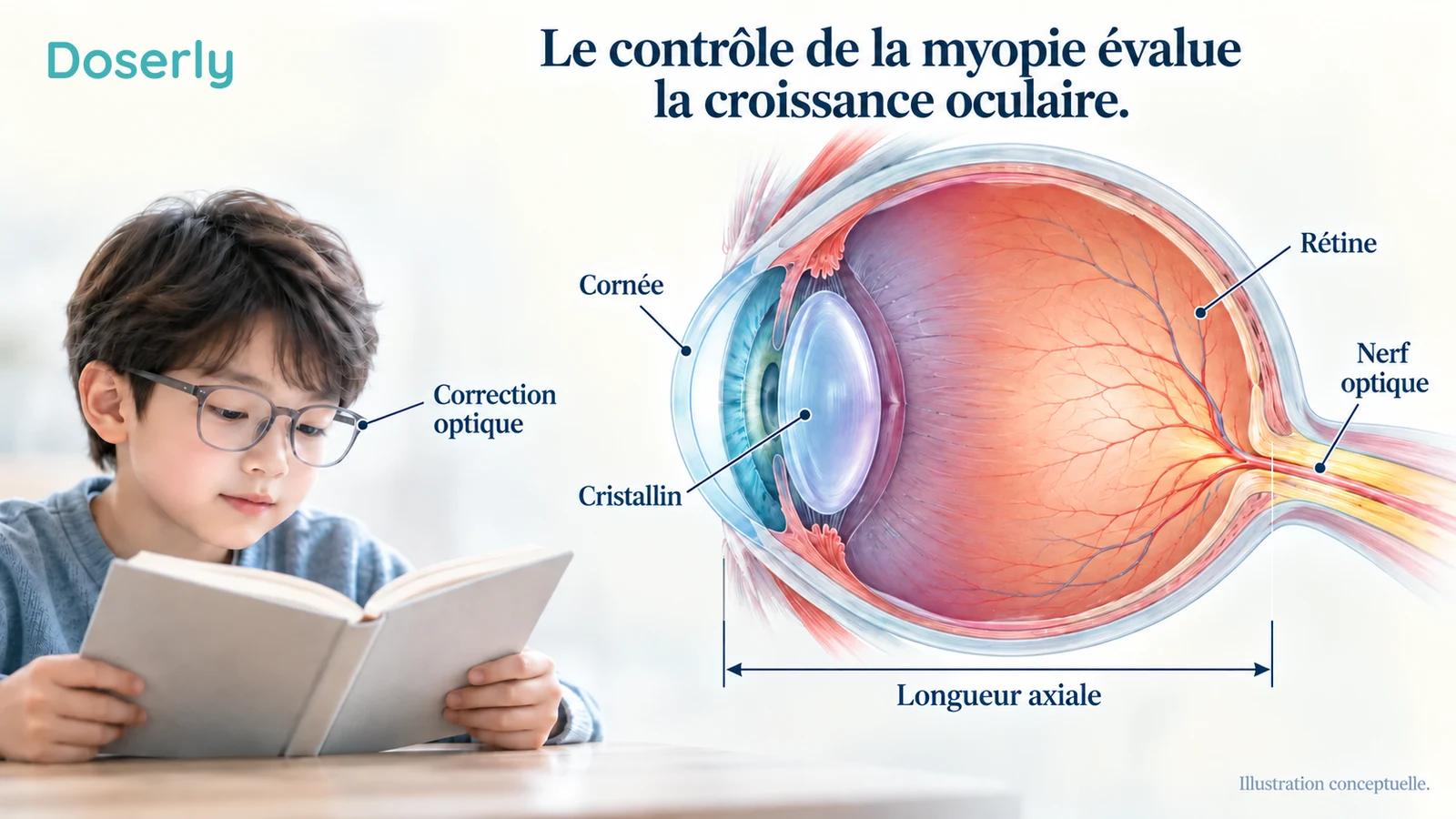 Un enfant portant des lunettes apparaît à côté d’une coupe agrandie de l’œil dont la dimension d’avant en arrière est indiquée.