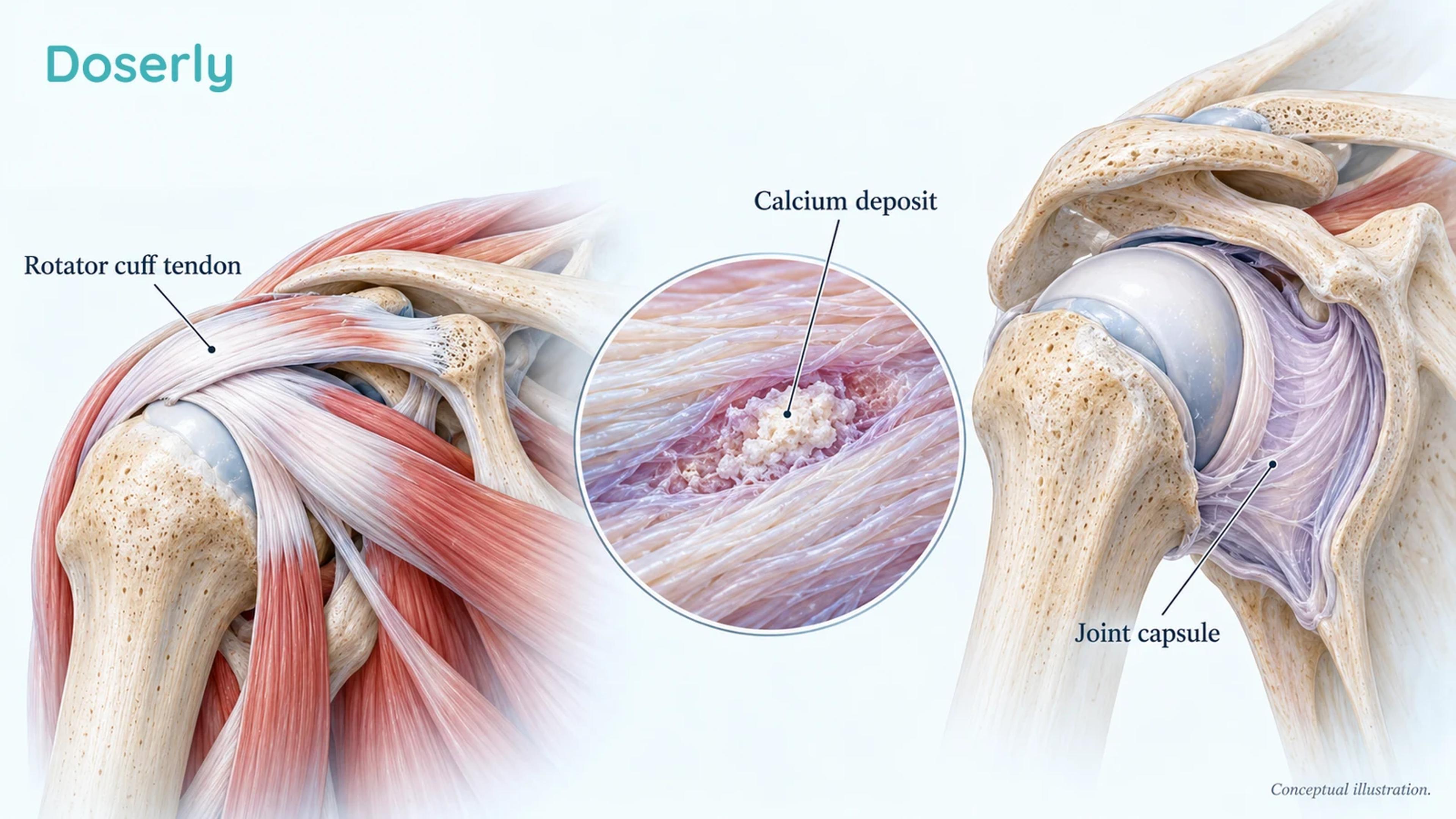 Conceptual shoulder anatomy showing the rotator cuff tendon, a small localized calcific deposit and a separate joint capsule inset.