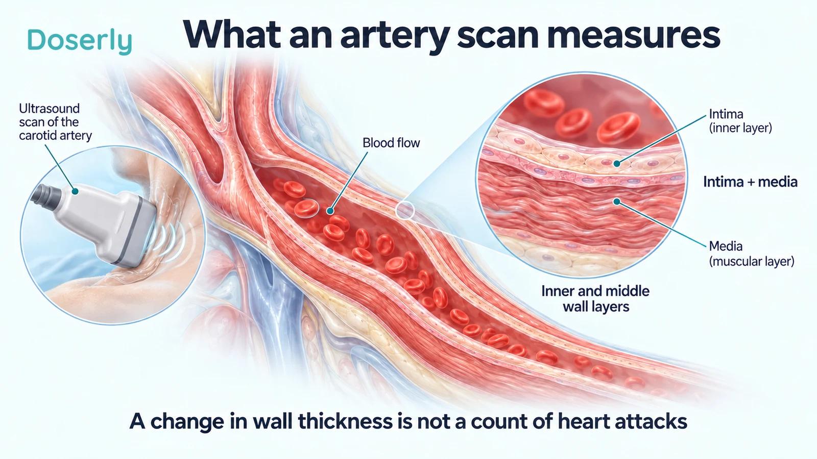 Detailed carotid artery wall illustration showing the intima and media alongside a conceptual ultrasound examination.
