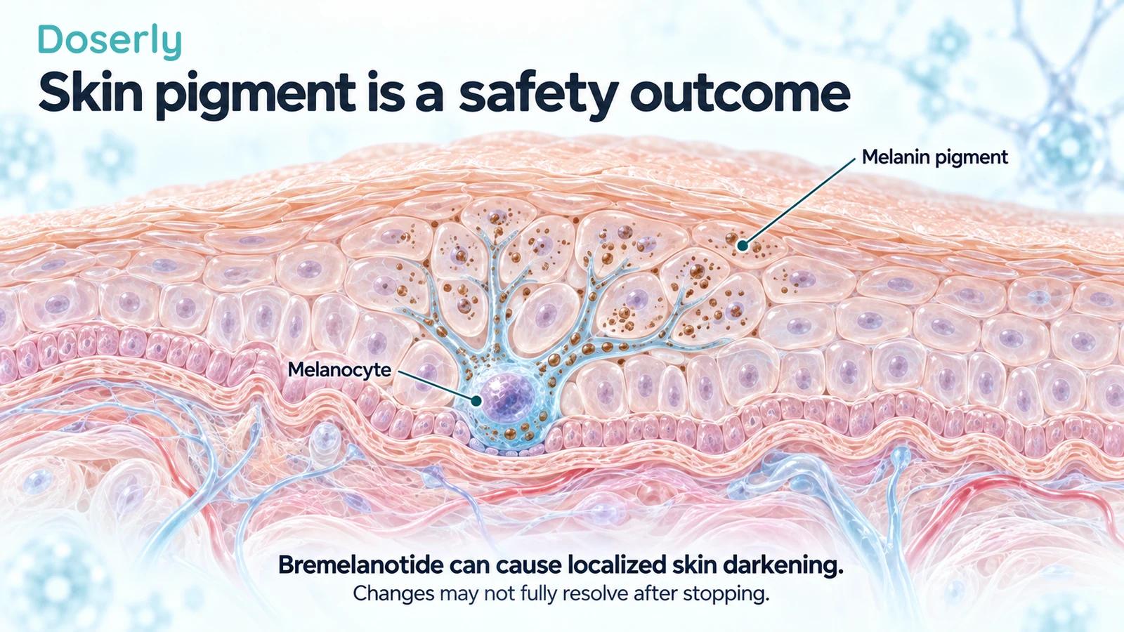 Detailed skin cross-section showing a melanocyte and melanin pigment within surrounding epidermal cells.