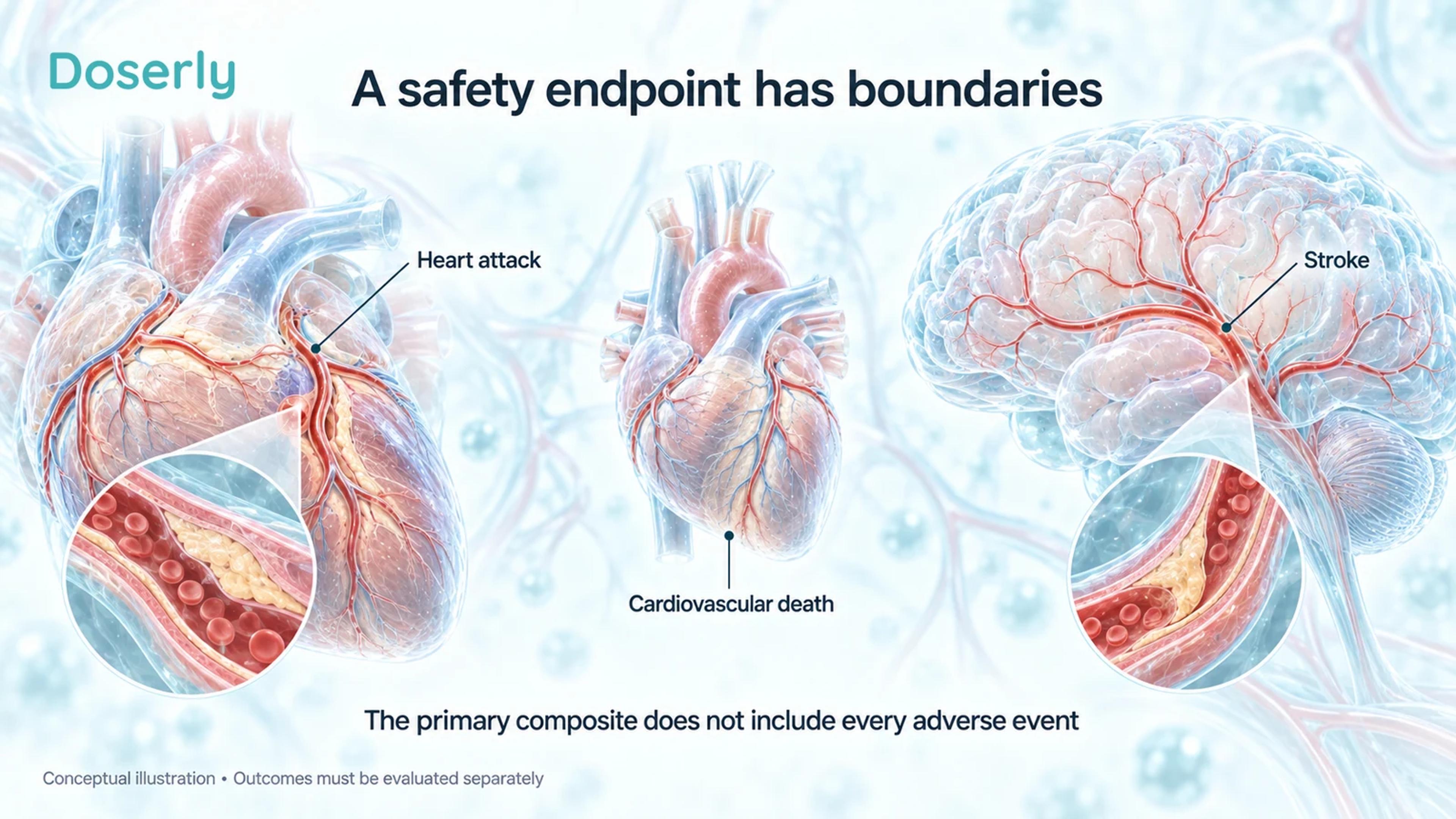 Medical heart and brain illustrations identify heart attack, stroke and cardiovascular death as components of a cardiovascular composite endpoint.