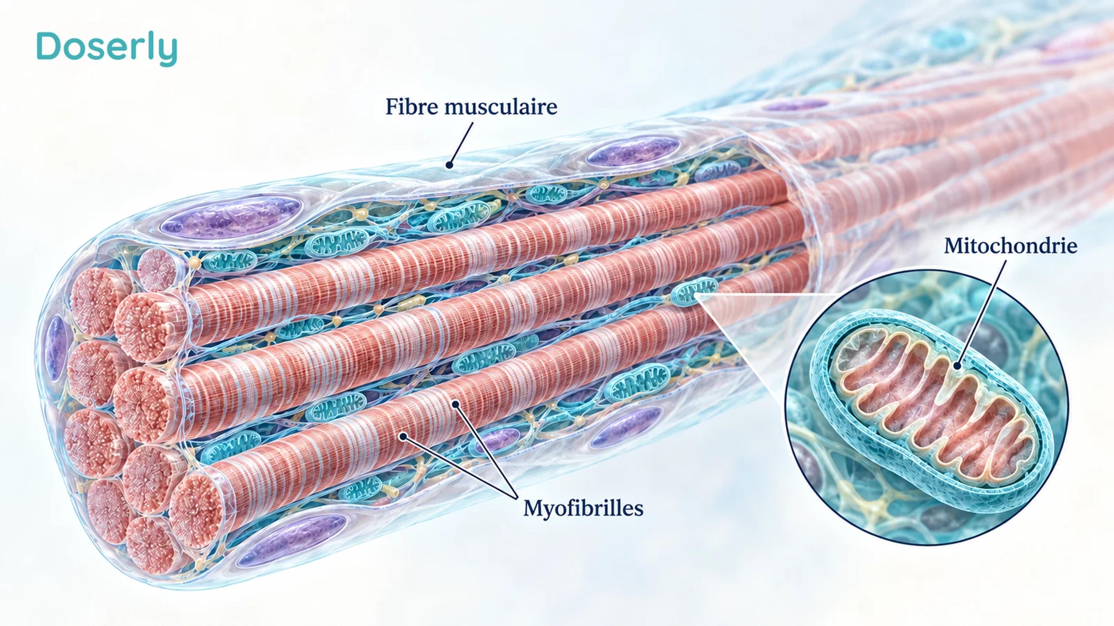 Une illustration conceptuelle de l’anatomie du muscle squelettique montre une fibre musculaire avec un encadré présentant des mitochondries entre ses structures contractiles.