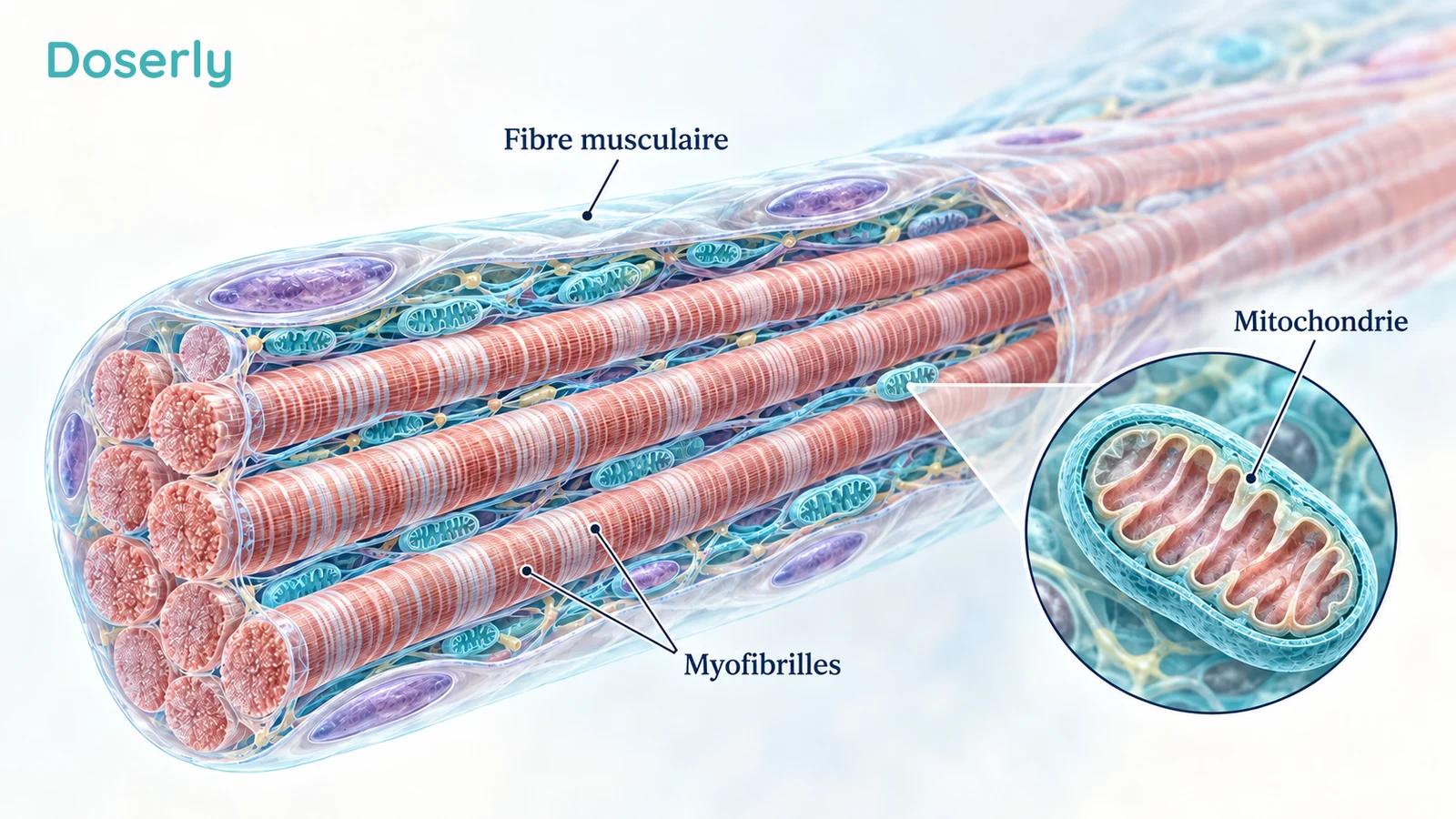Une illustration conceptuelle de l’anatomie du muscle squelettique montre une fibre musculaire avec un encadré présentant des mitochondries entre ses structures contractiles.
