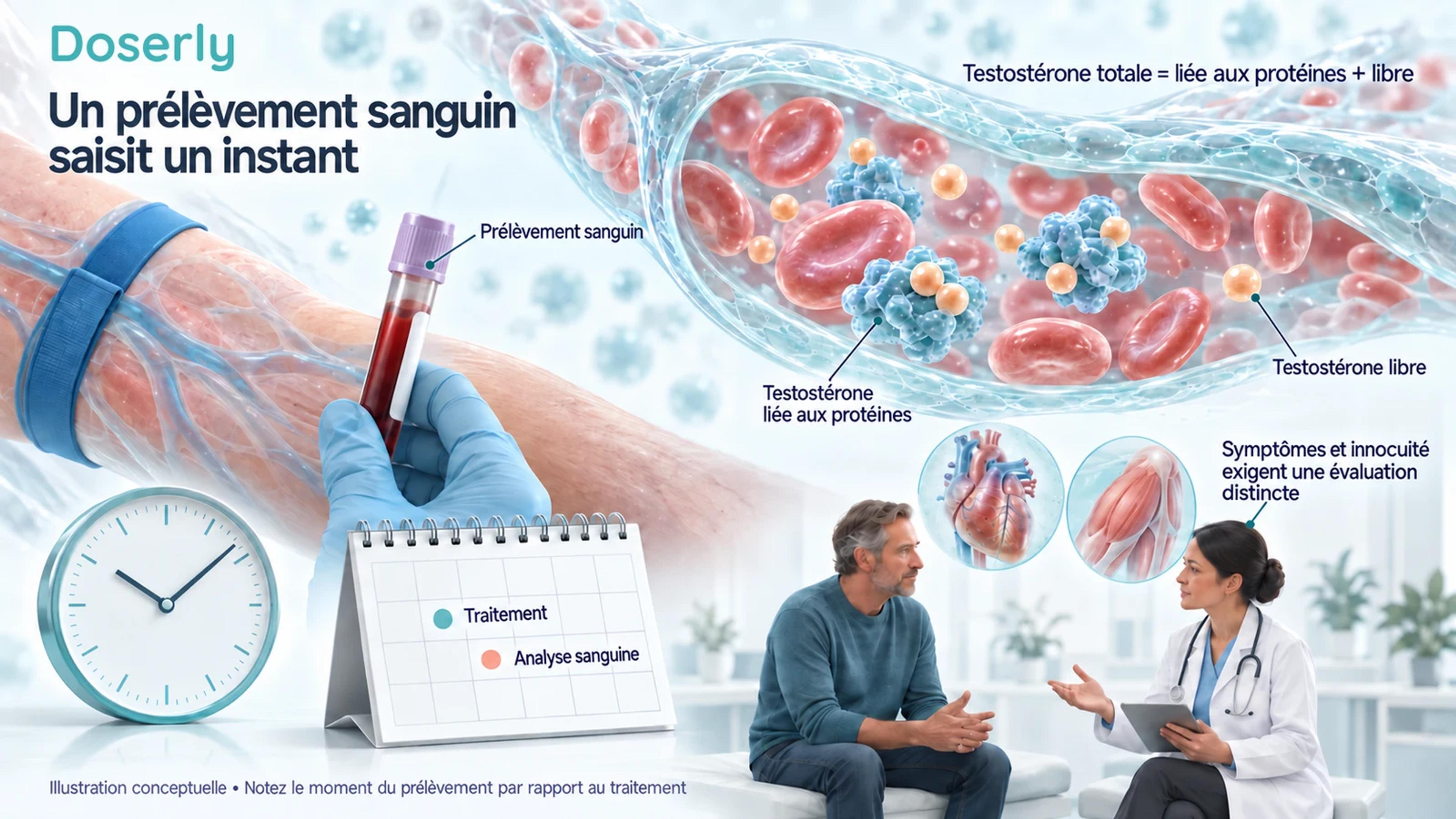 Prélèvement sanguin et capillaire contenant de la testostérone liée et libre, à côté d’un calendrier de traitement et d’une discussion clinique.