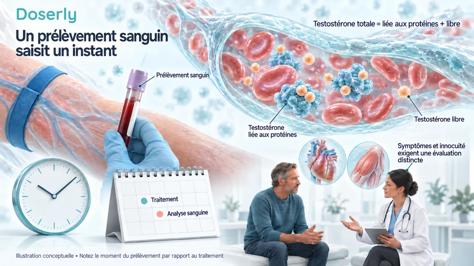 Prélèvement sanguin et capillaire contenant de la testostérone liée et libre, à côté d’un calendrier de traitement et d’une discussion clinique.