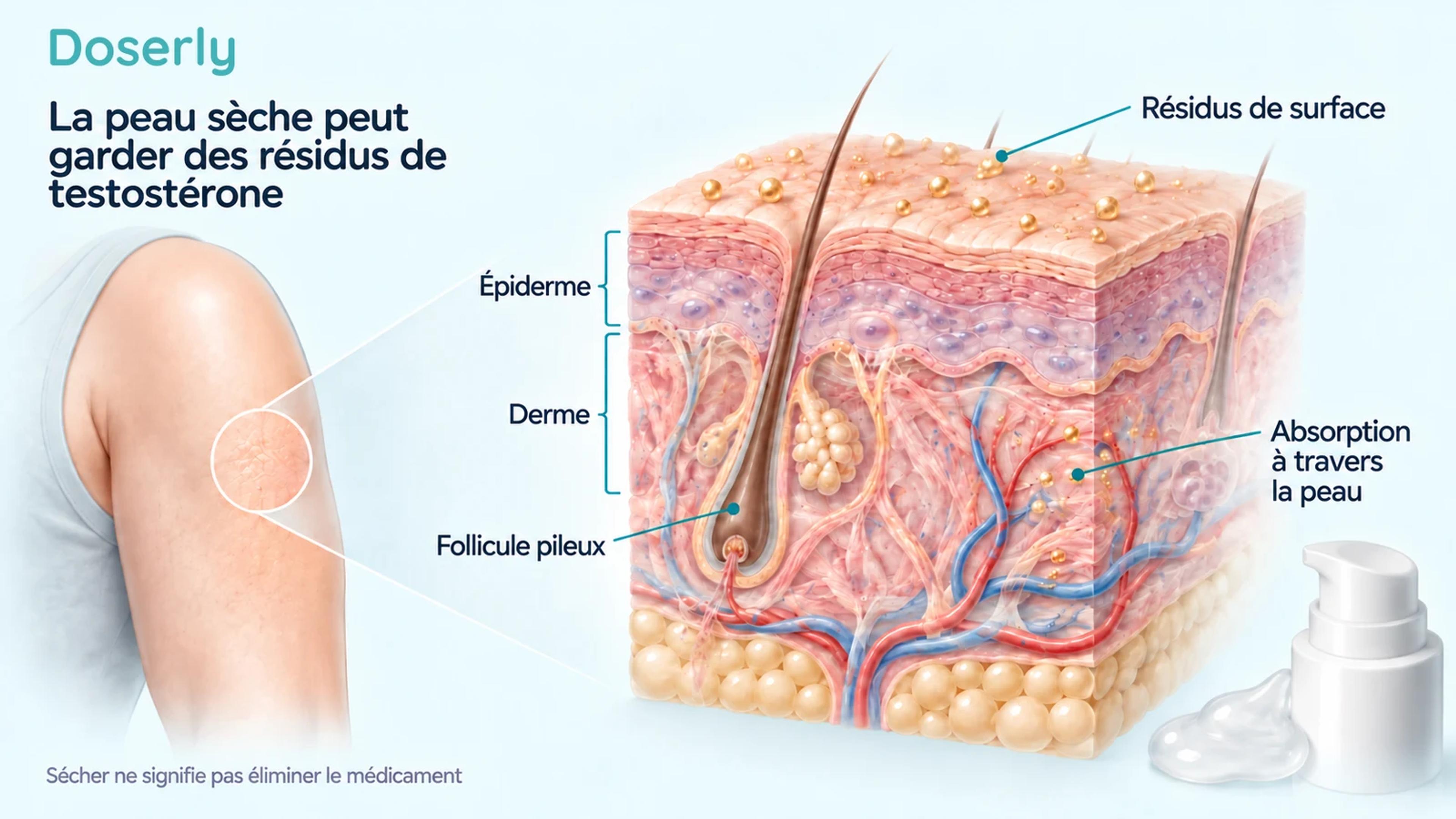 Les couches détaillées de la peau du haut du bras montrent séparément les résidus de surface et l’absorption à travers la peau.