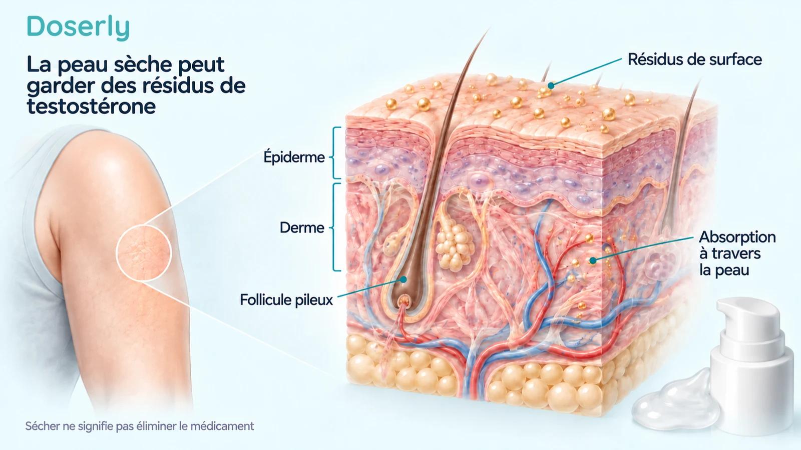 Les couches détaillées de la peau du haut du bras montrent séparément les résidus de surface et l’absorption à travers la peau.