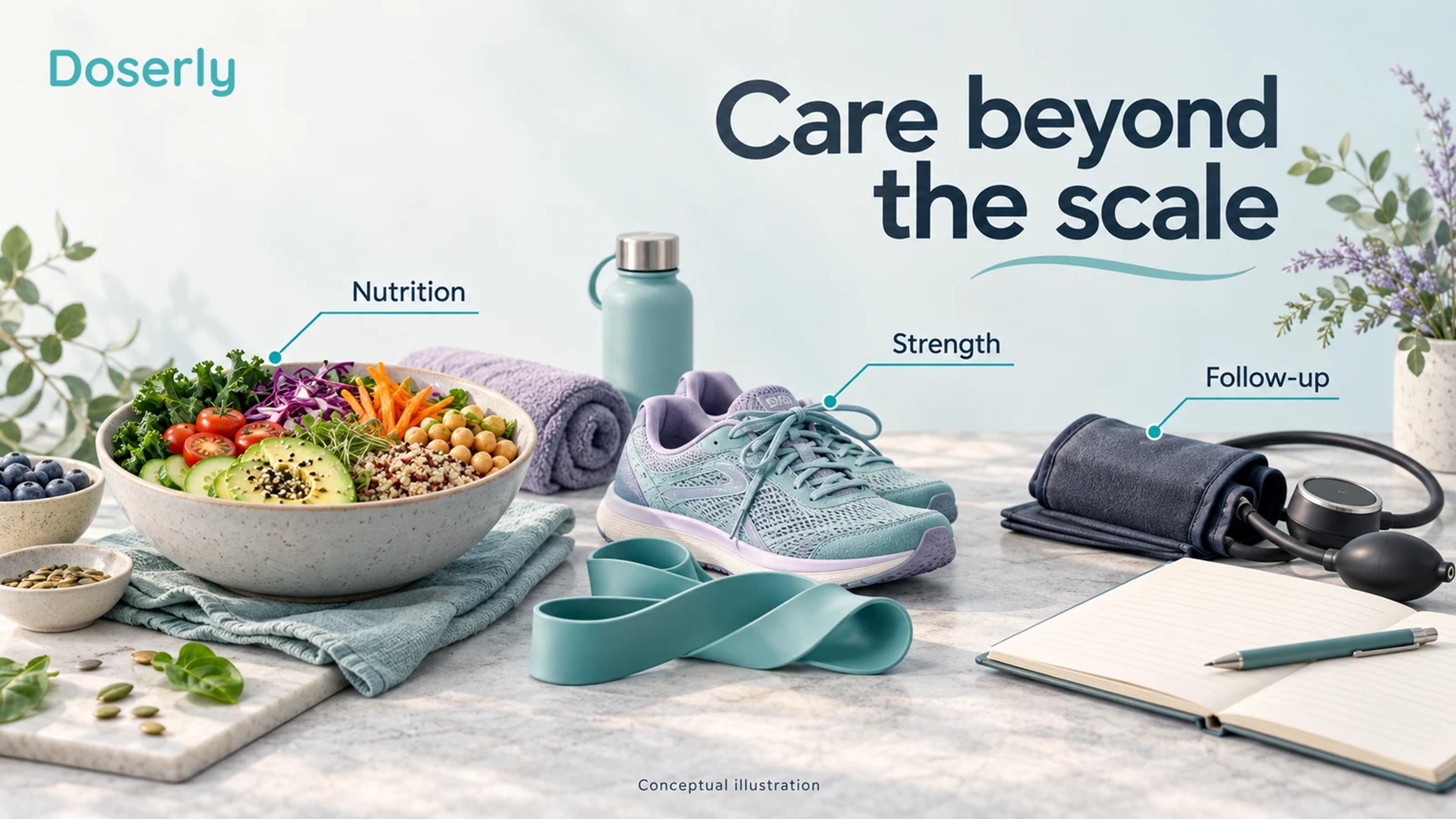 A blank notebook, foods, shoes, resistance band and blood pressure cuff illustrate ongoing care.