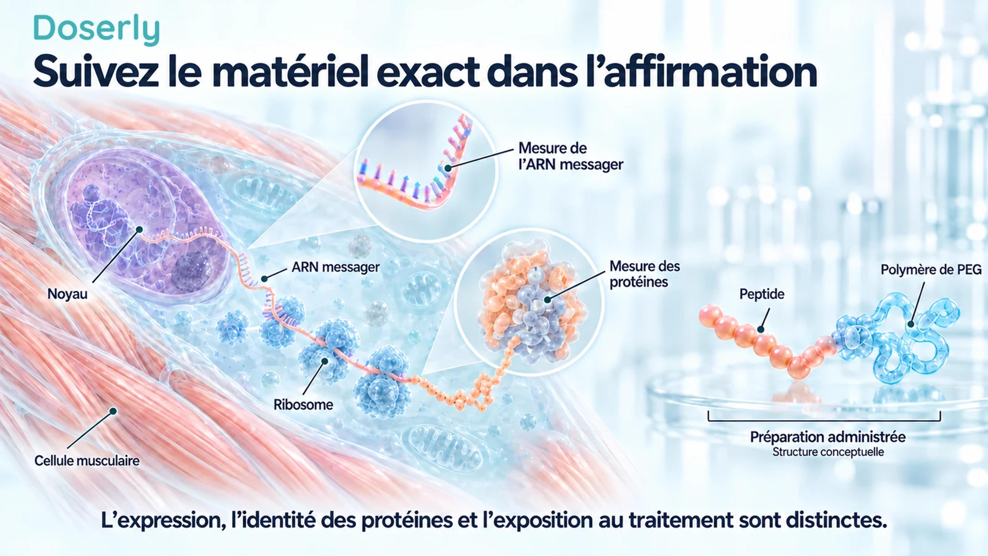 Des illustrations détaillées de l’ARN et des protéines de cellules musculaires sont séparées dans l’espace d’une représentation conceptuelle d’une préparation de laboratoire de peptide conjugué au PEG.