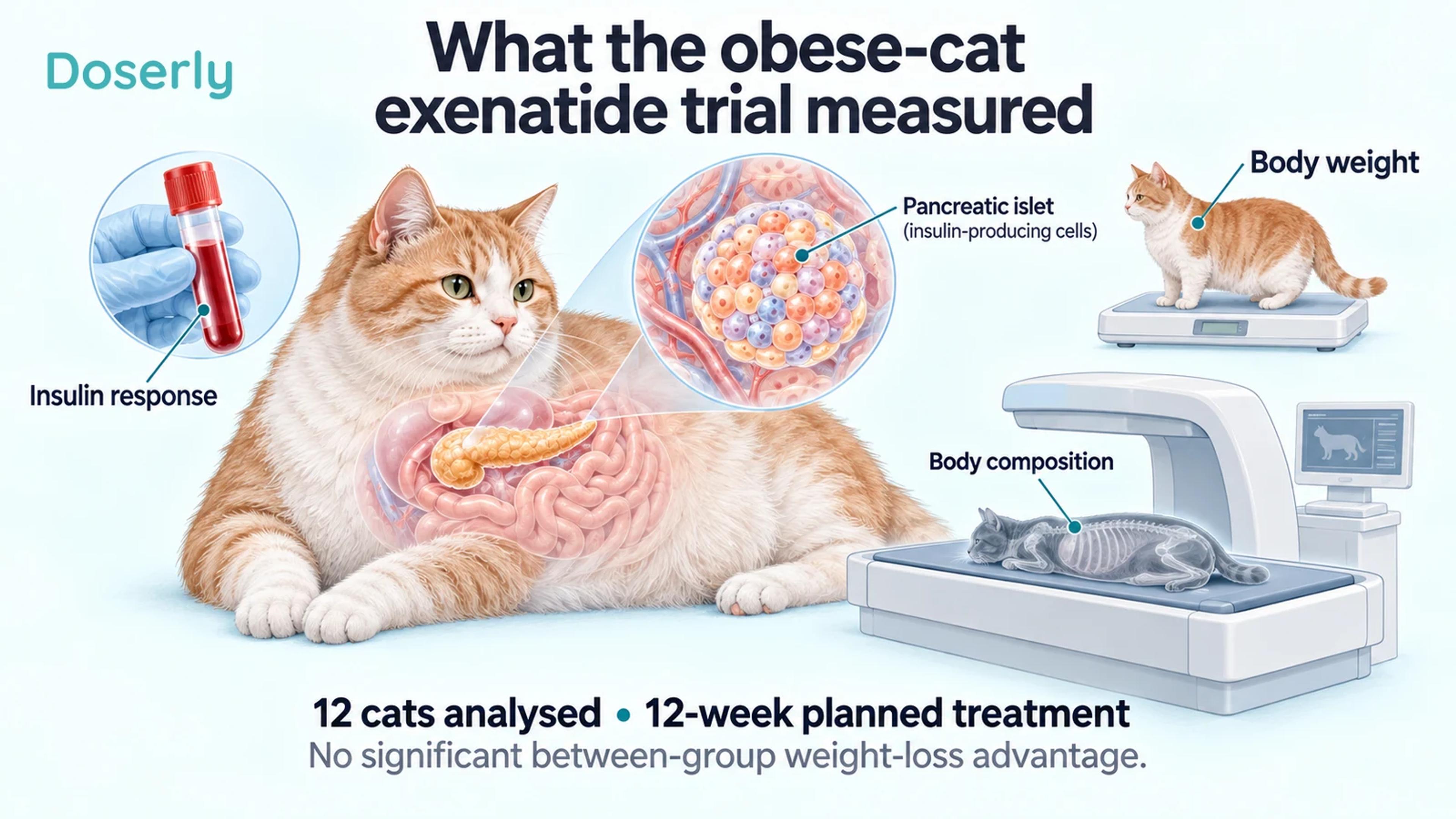 A detailed cat and pancreatic inset beside blood sampling, a scale and a conceptual body-composition scanner.
