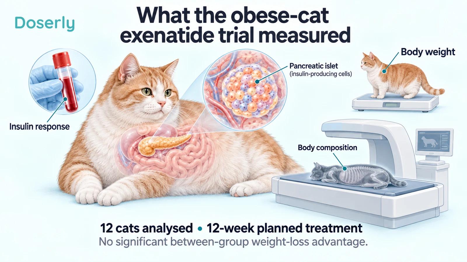 A detailed cat and pancreatic inset beside blood sampling, a scale and a conceptual body-composition scanner.