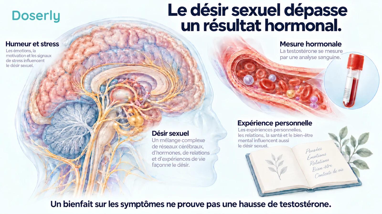 Une anatomie détaillée du cerveau, une illustration de vaisseau sanguin et un journal personnel distinguent l’expérience sexuelle d’une mesure hormonale.