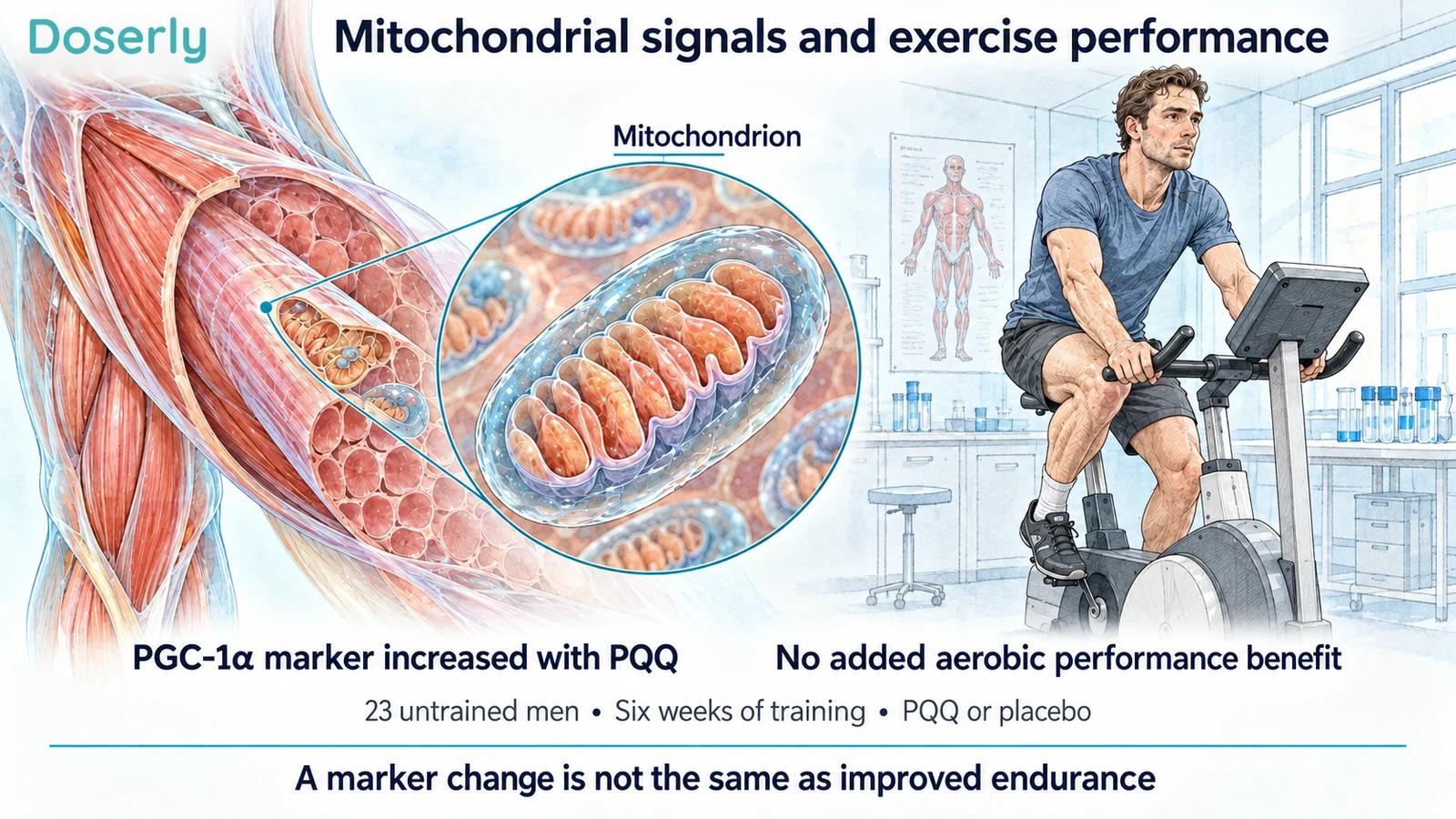 Muscle tissue and an exercise bicycle illustrate the difference between a mitochondrial-regulation marker and measured aerobic performance.