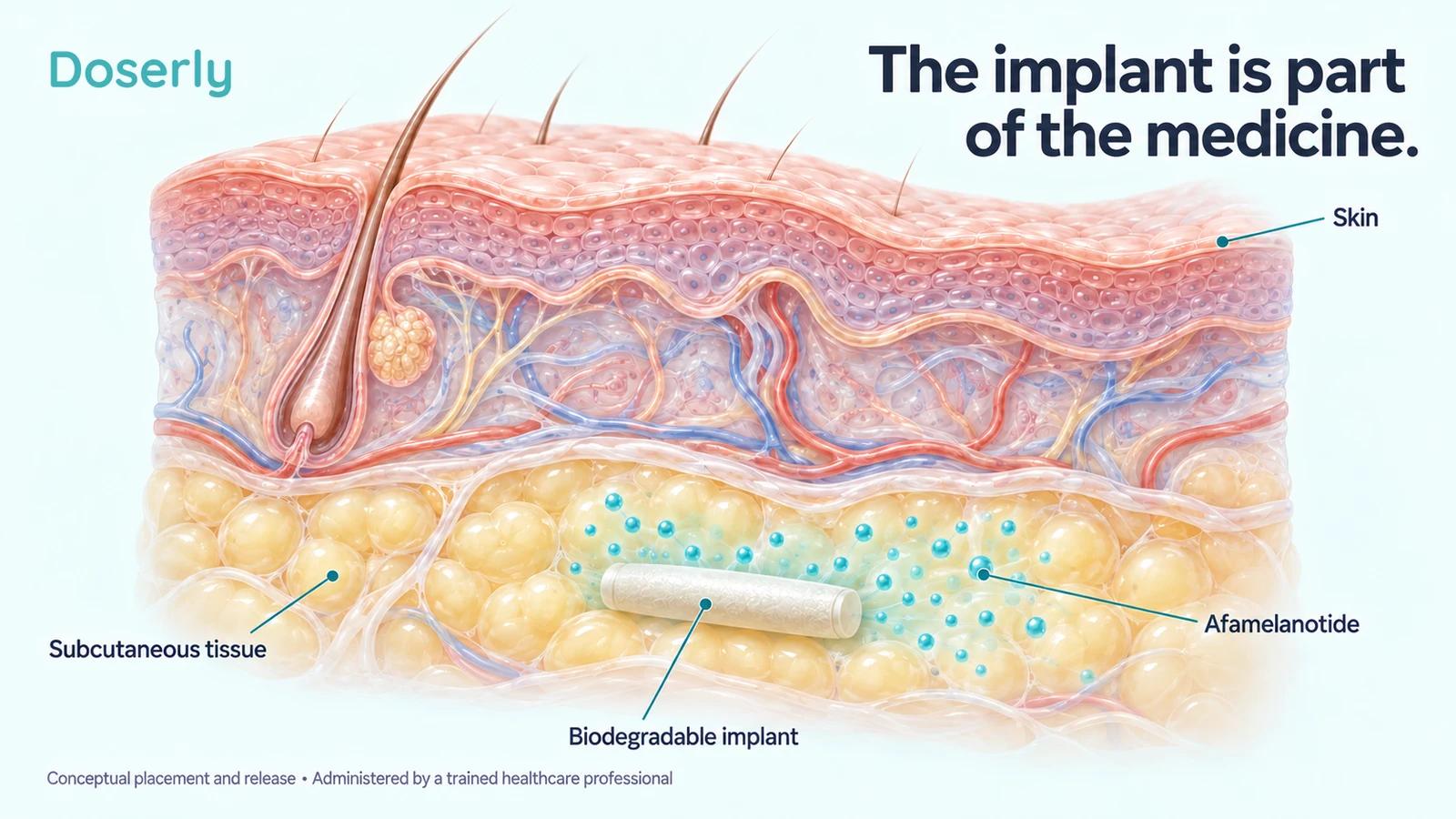 Detailed skin cross-section showing a biodegradable implant within subcutaneous tissue.