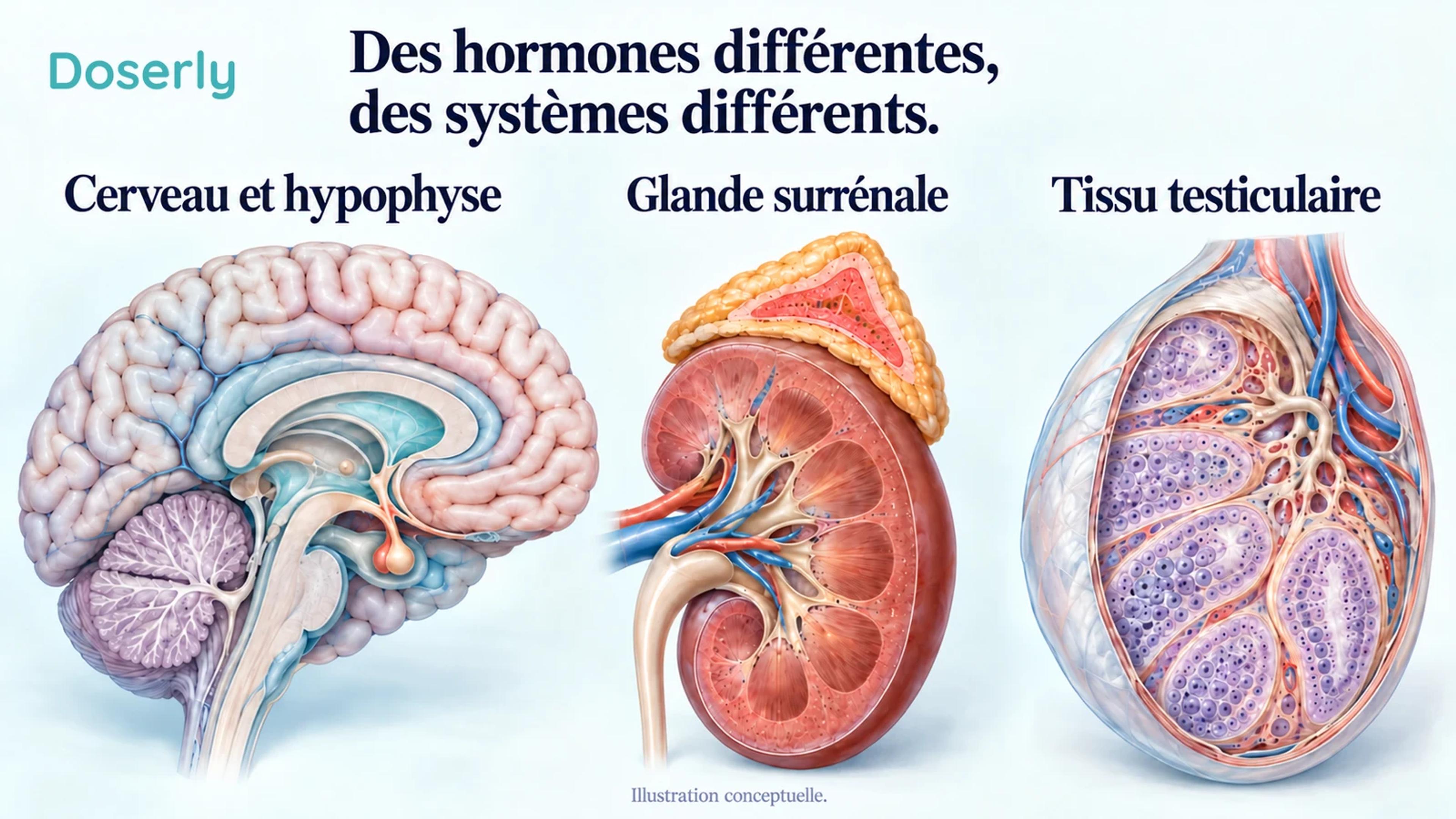 Des vues conceptuelles d’organes isolés montrent le cerveau et l’hypophyse, une glande surrénale au-dessus d’un rein et du tissu testiculaire.