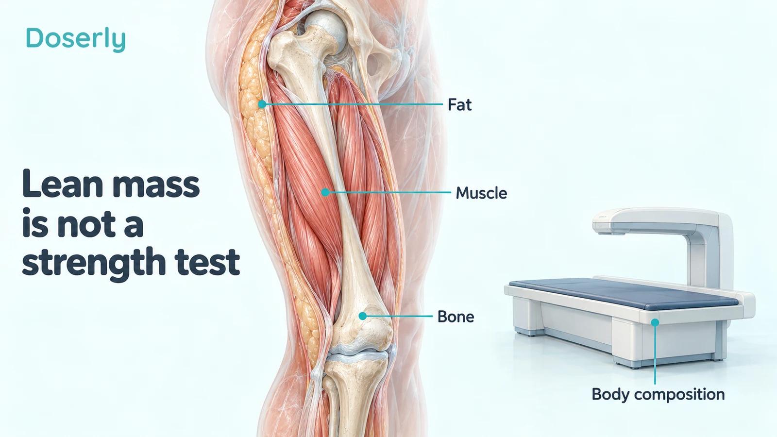 Anatomical thigh cutaway showing fat, muscle, and bone beside a DXA scanner.
