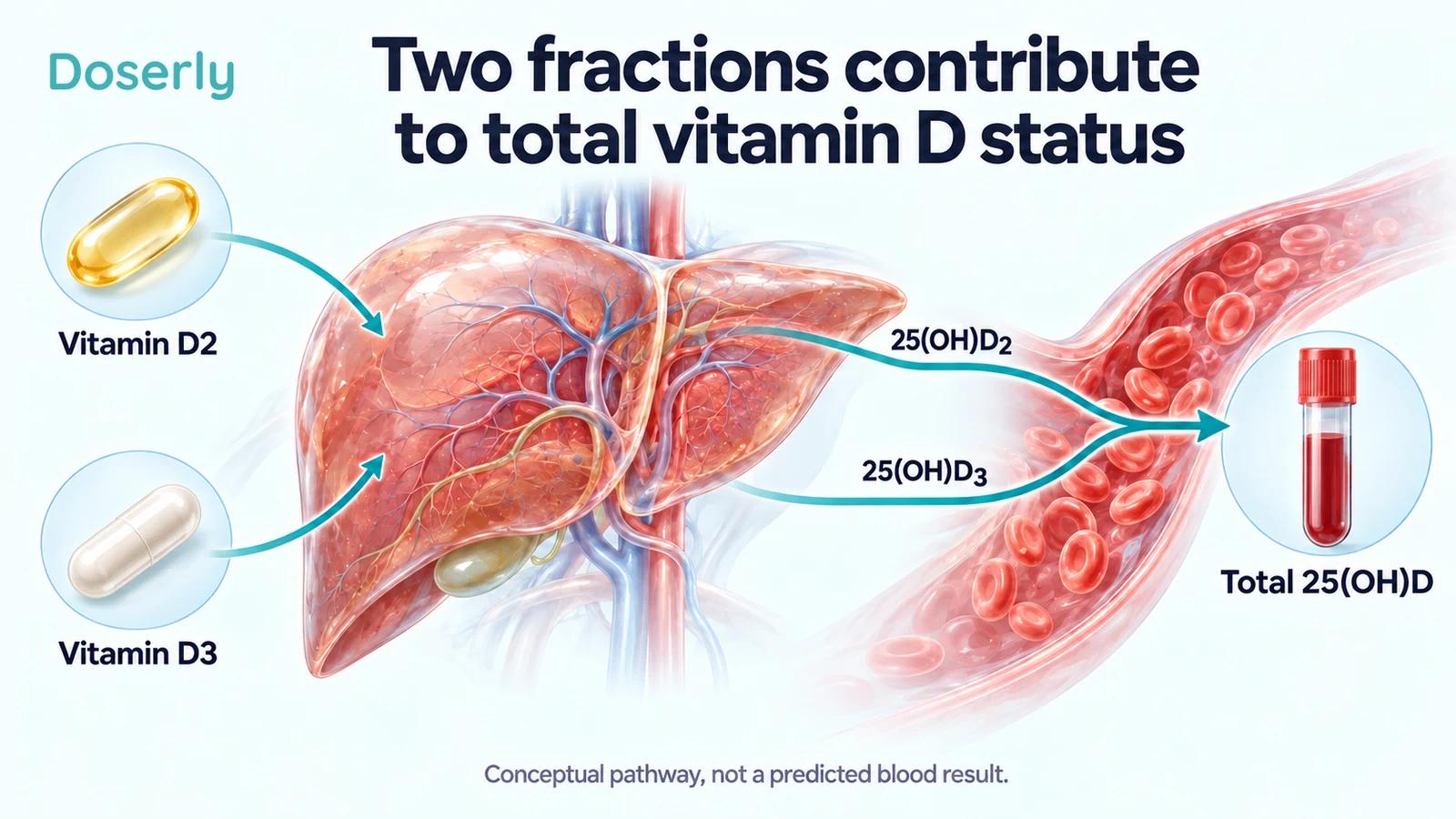 The liver produces separate D2-derived and D3-derived 25-hydroxyvitamin D fractions that together contribute to the total blood measurement.