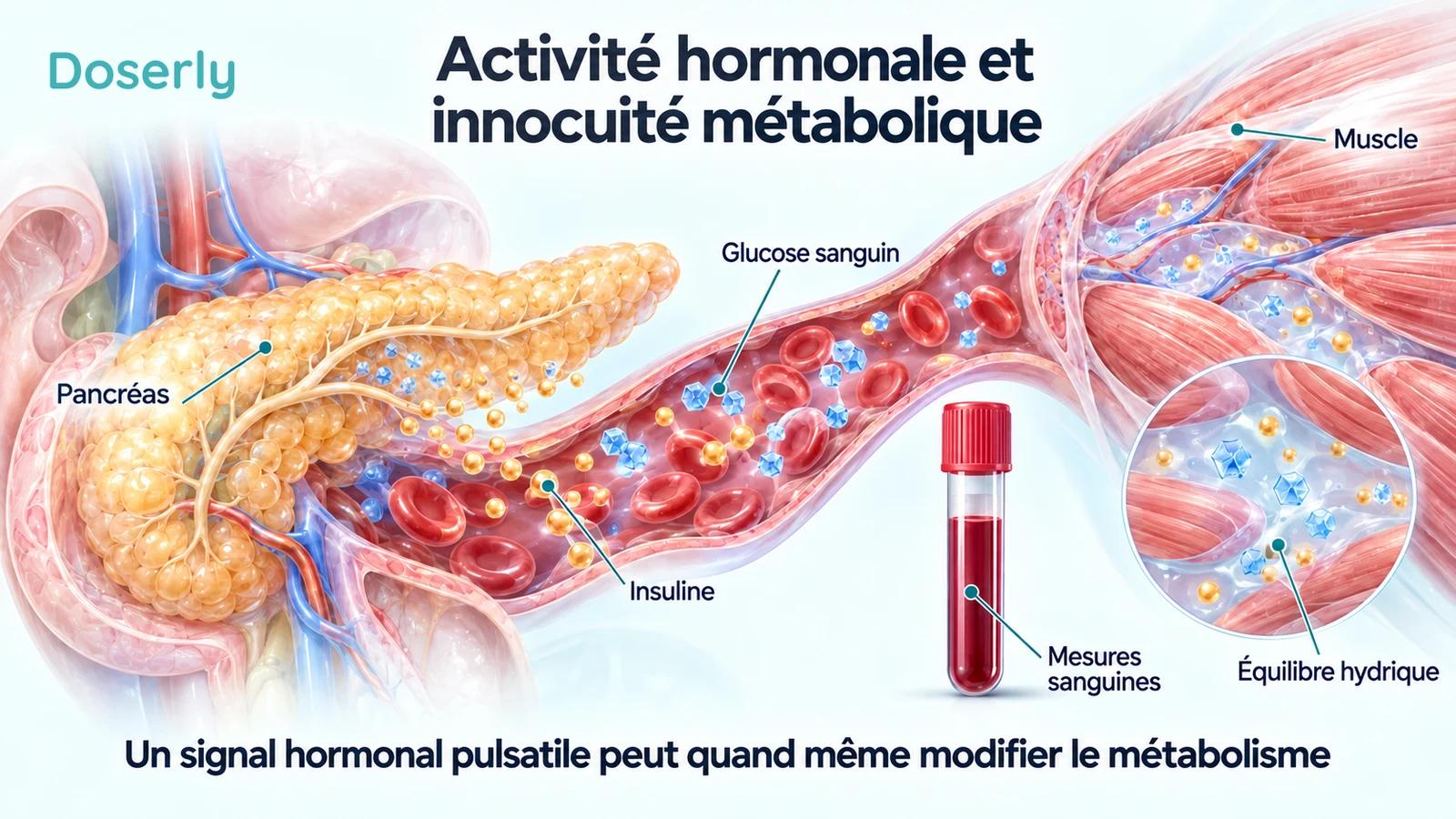 Illustration détaillée du pancréas, d’un vaisseau sanguin et du muscle, avec un tube de prélèvement sanguin distinct et des étiquettes pour le glucose, l’insuline et l’équilibre hydrique.