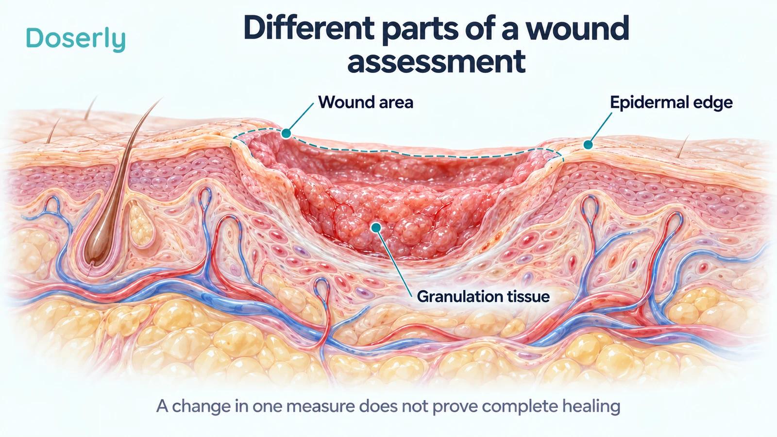 A wound cutaway identifies the surface area, granulation tissue and intact epidermal edge.
