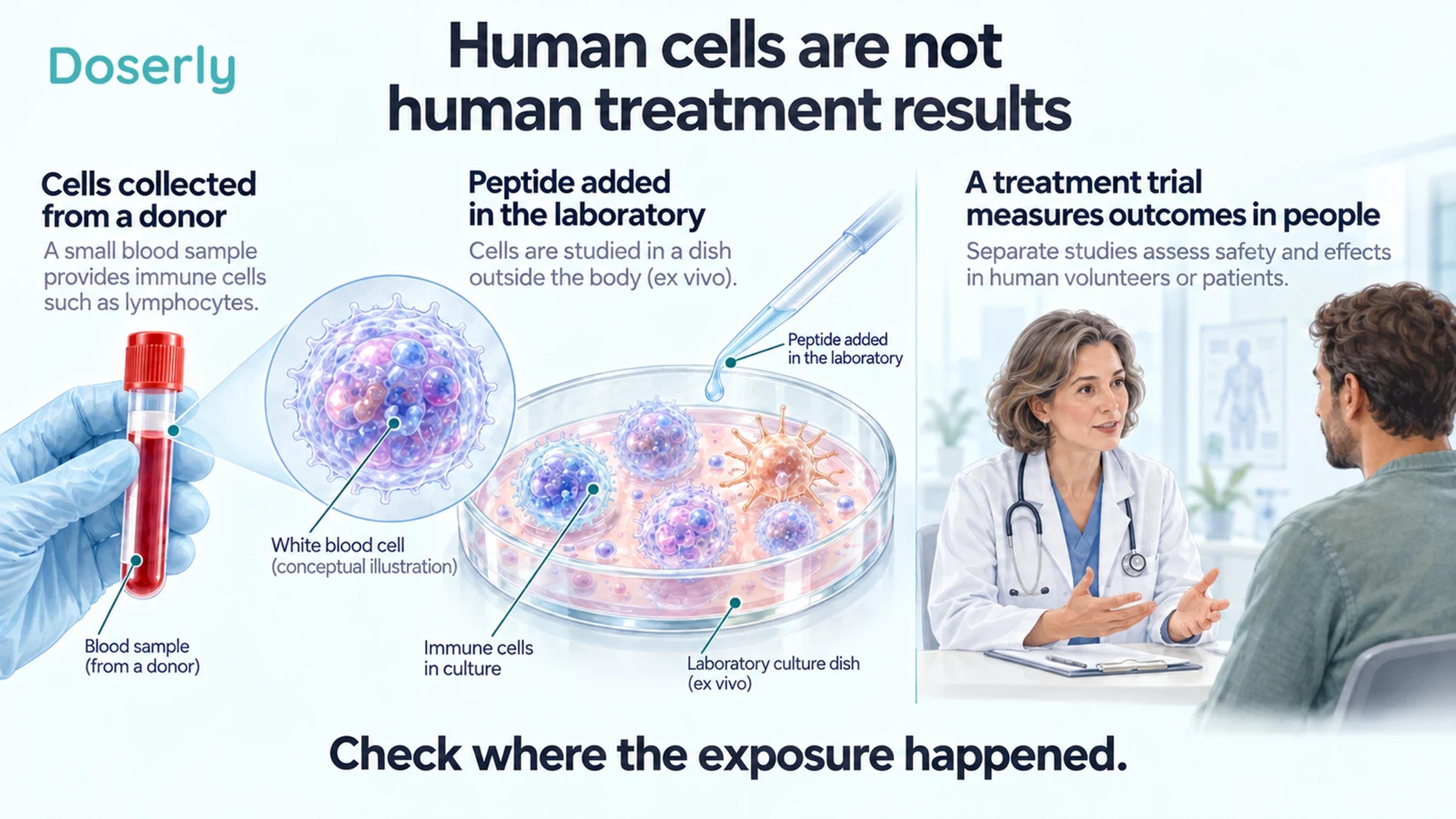 A blood sample and cultured immune cells shown separately from a clinical treatment conversation.