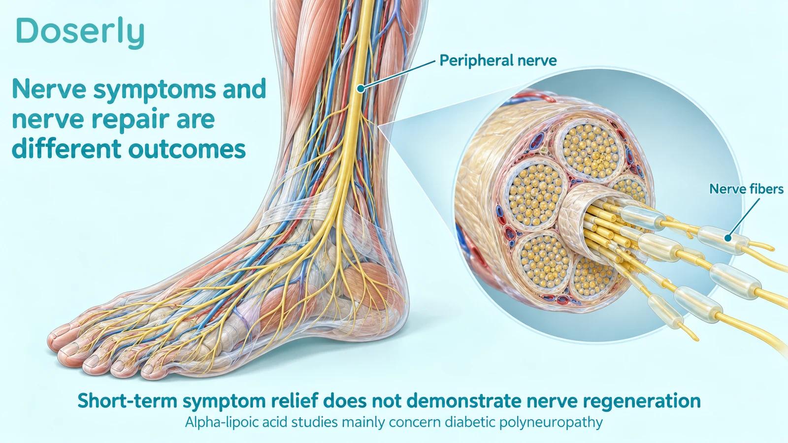 A detailed lower-leg and foot illustration follows peripheral nerves into a magnified nerve bundle and its fibers.