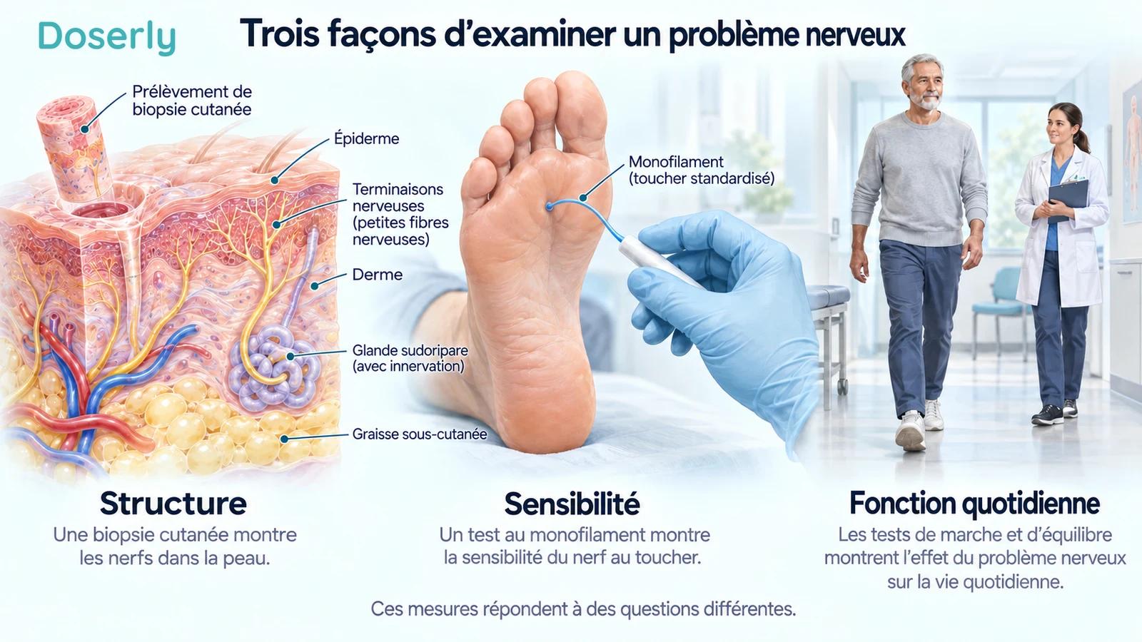 Tissu cutané avec terminaisons nerveuses, examen du pied au monofilament et adulte marchant dans une clinique.