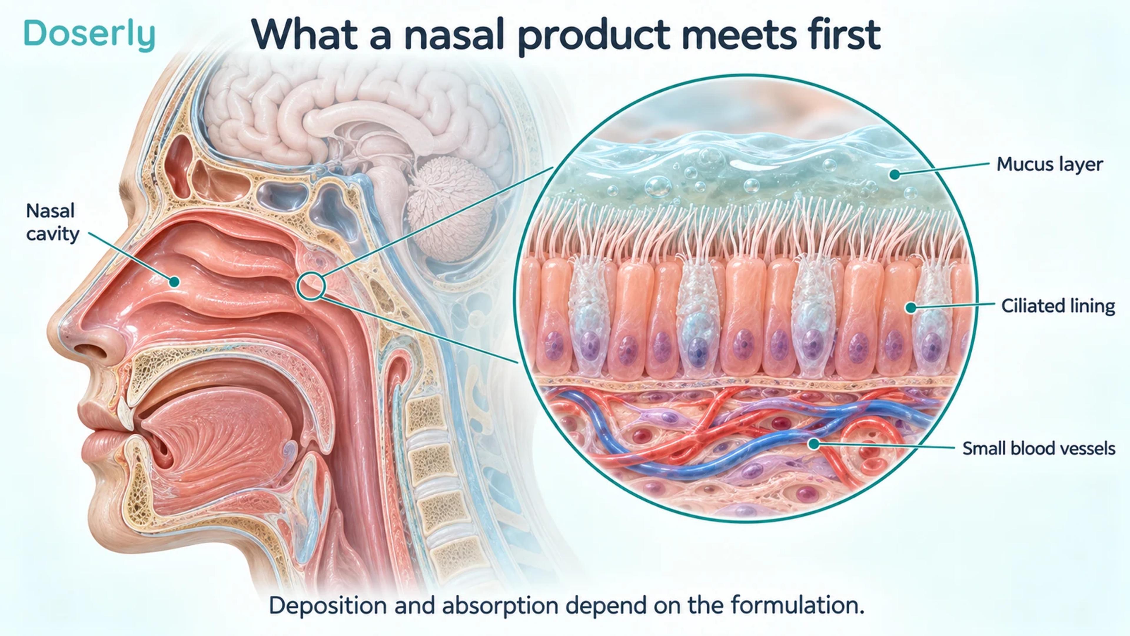 A sagittal head cutaway and magnified nasal lining show mucus, ciliated cells and small blood vessels.