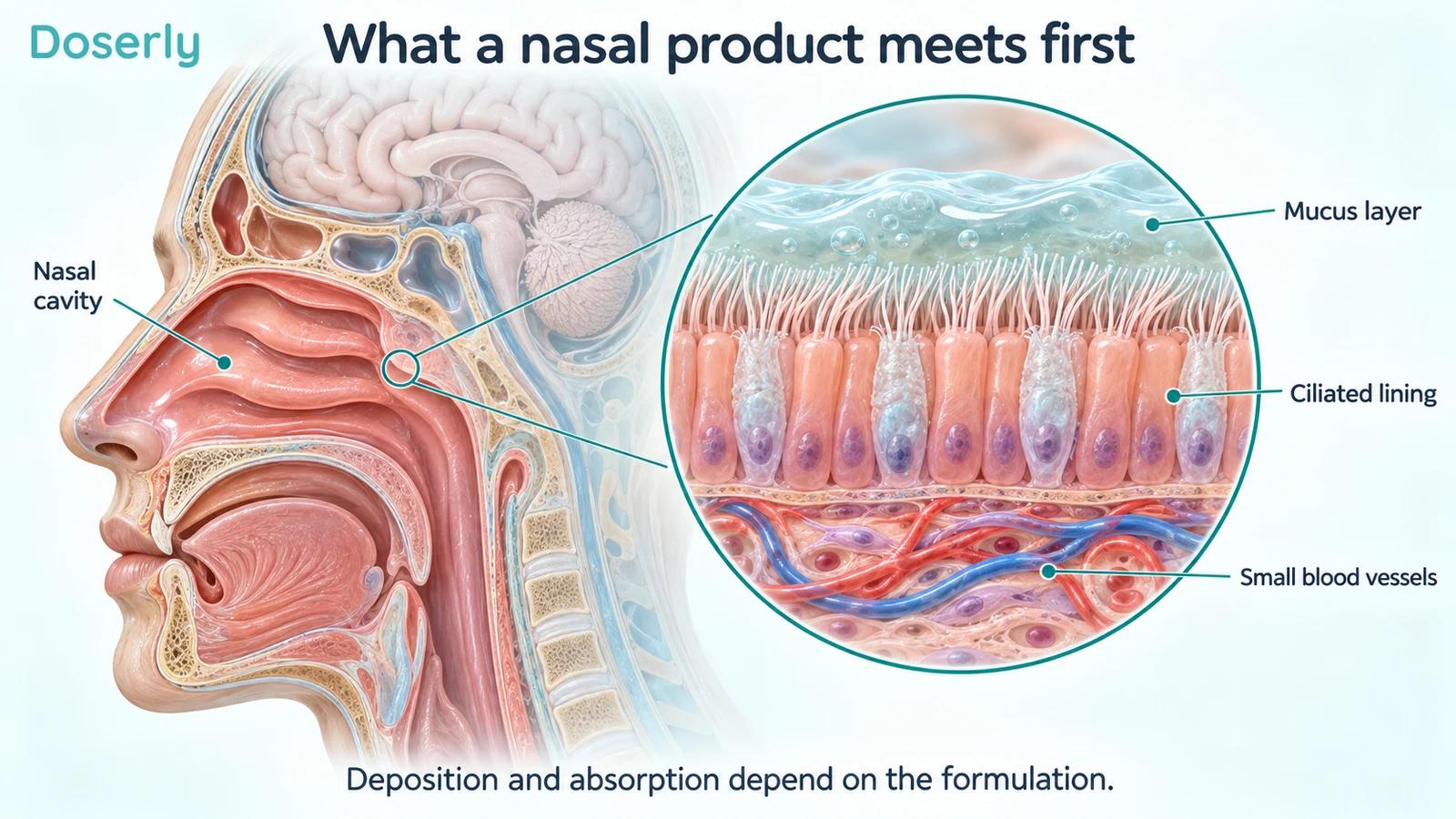 A sagittal head cutaway and magnified nasal lining show mucus, ciliated cells and small blood vessels.