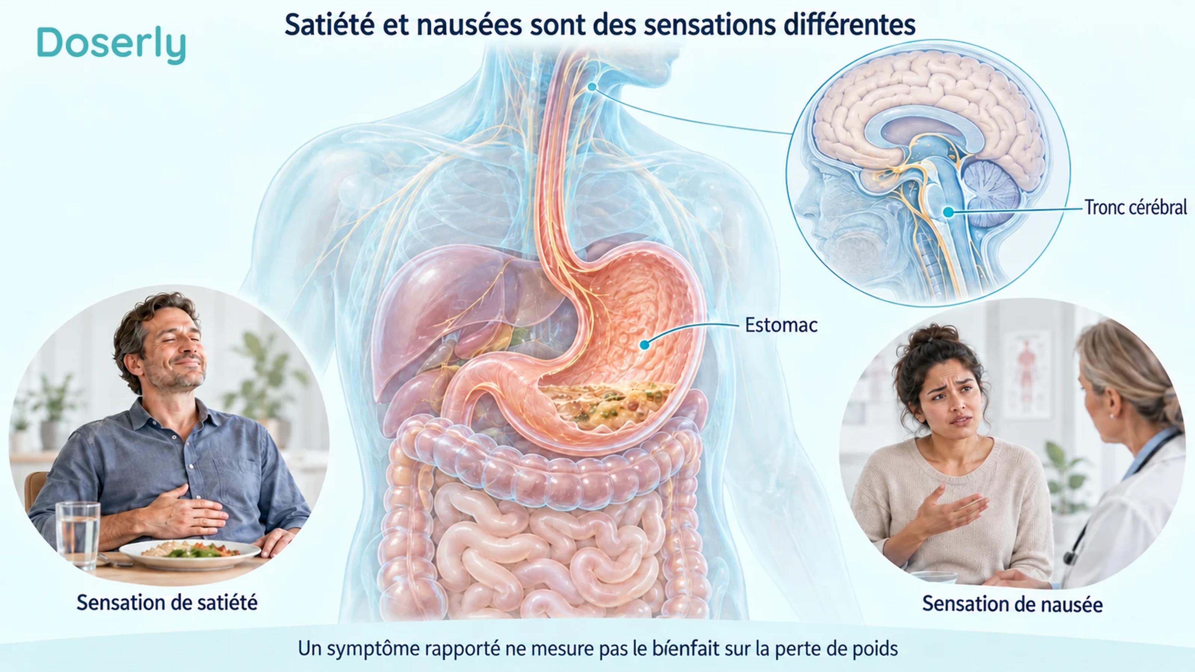 Anatomie digestive et du tronc cérébral, avec des scènes distinctes de satiété et de nausées.