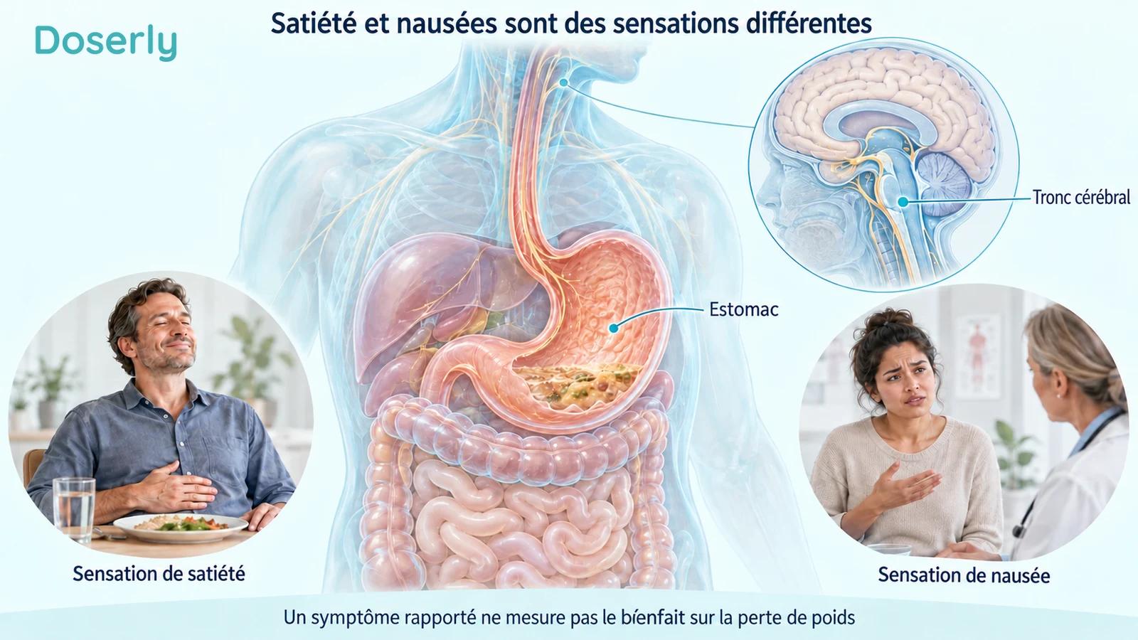 Anatomie digestive et du tronc cérébral, avec des scènes distinctes de satiété et de nausées.