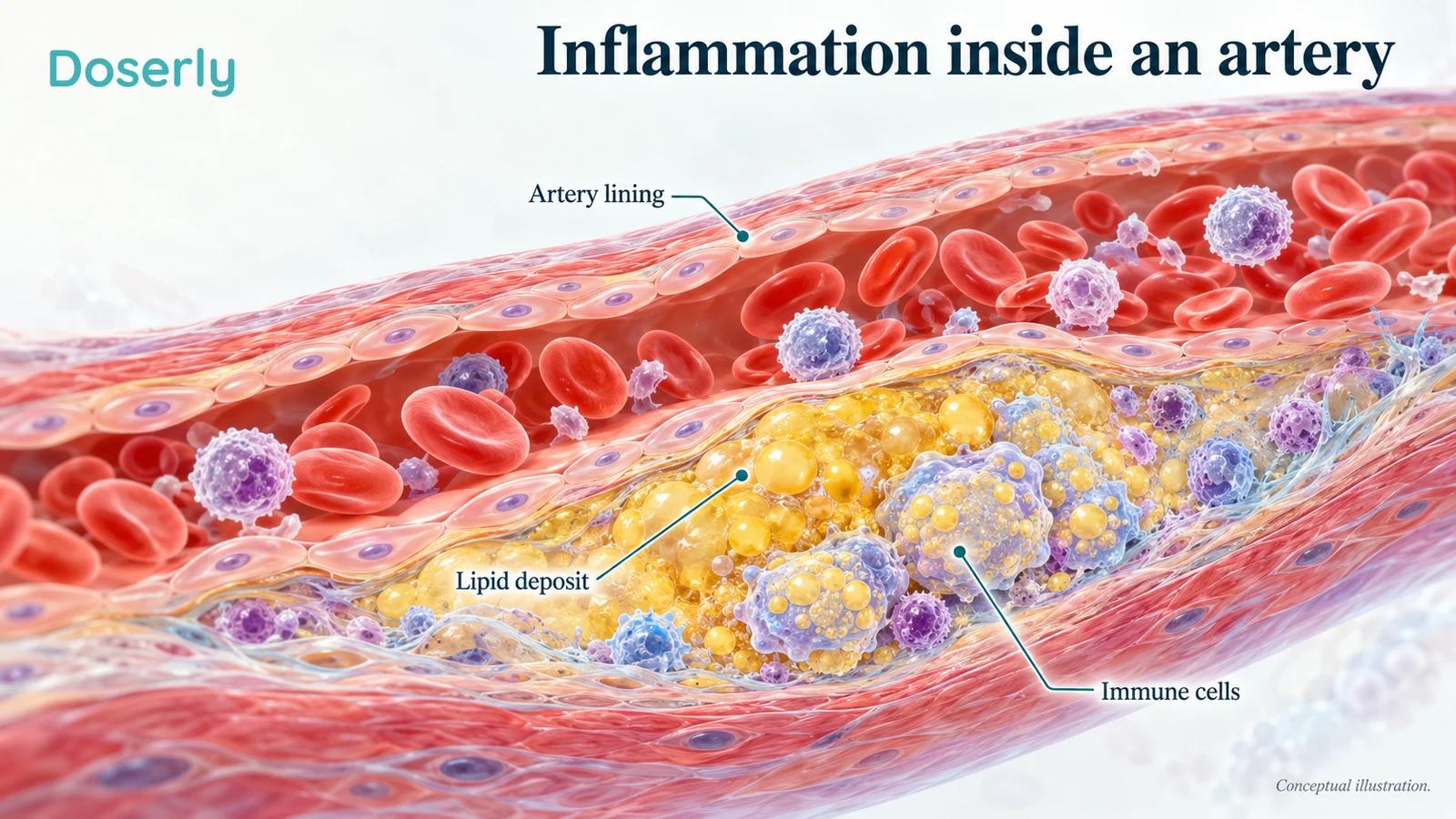 Immune cells and lipid deposits beneath an artery lining illustrate inflammation in atherosclerosis.