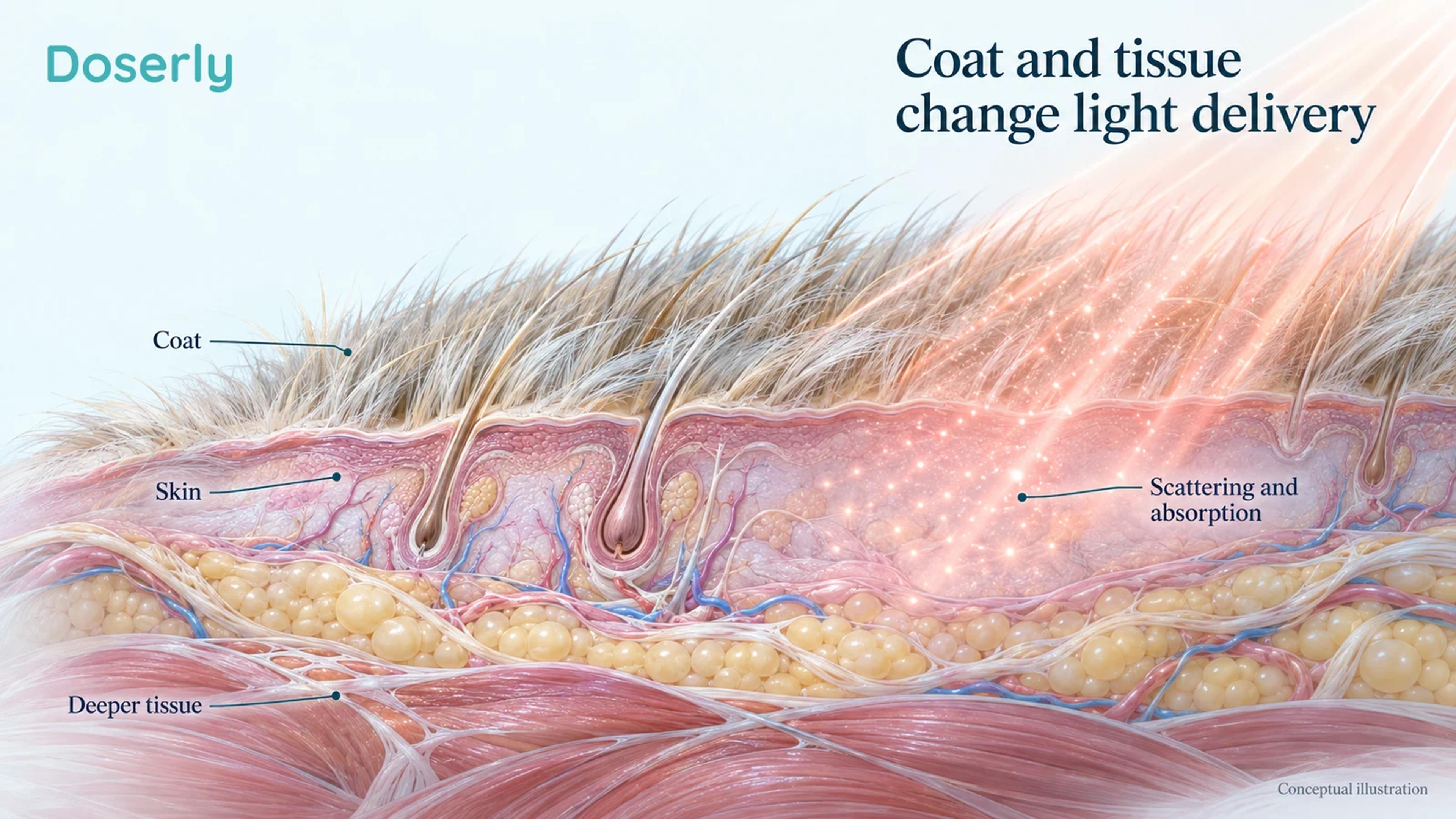 Conceptual canine coat and skin cutaway shows light scattering and absorption before reaching deeper tissue.