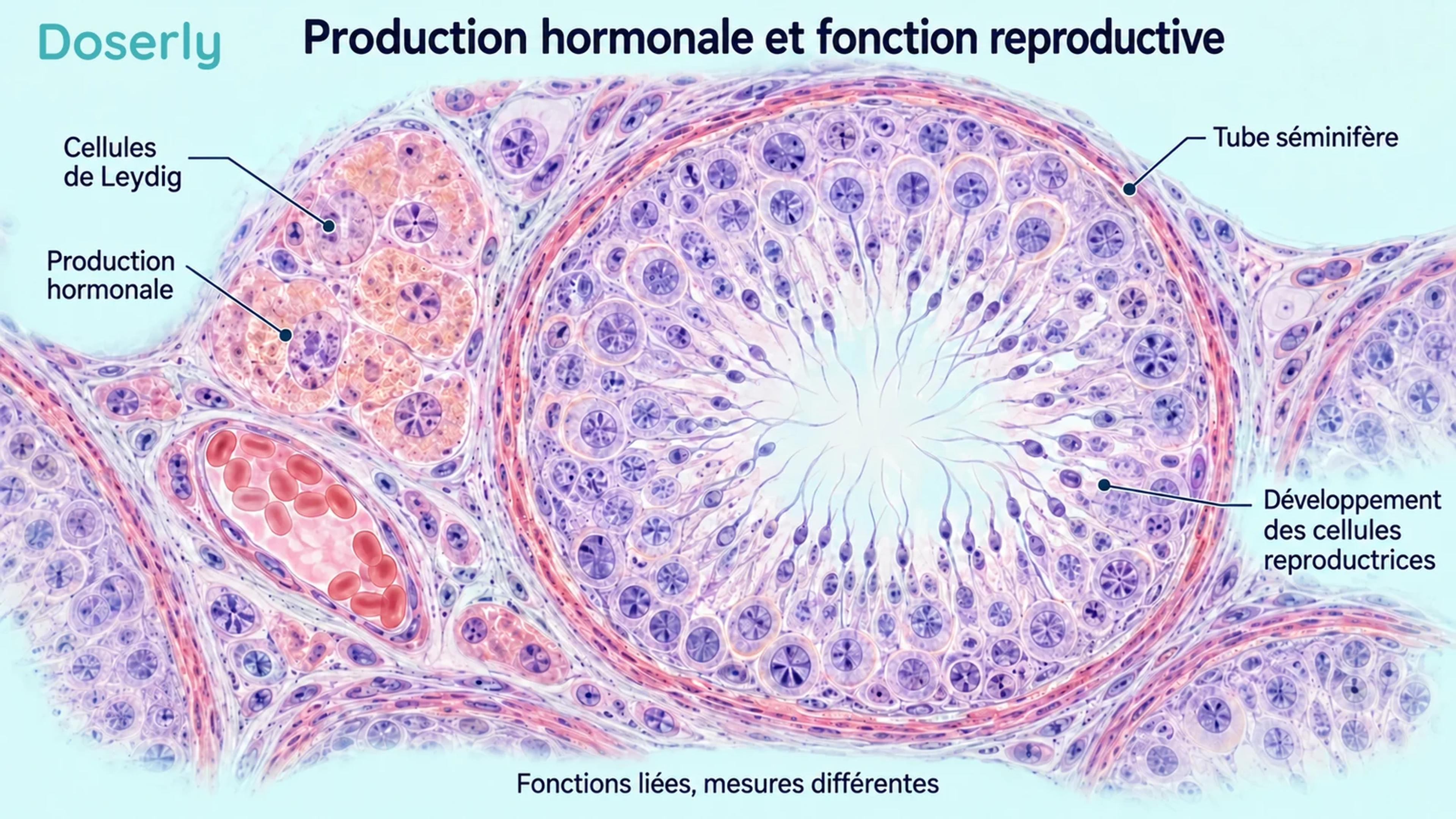 Une illustration microscopique des tissus distingue les cellules de Leydig productrices d’hormones à l’extérieur d’un tube séminifère du développement des cellules reproductrices à l’intérieur.