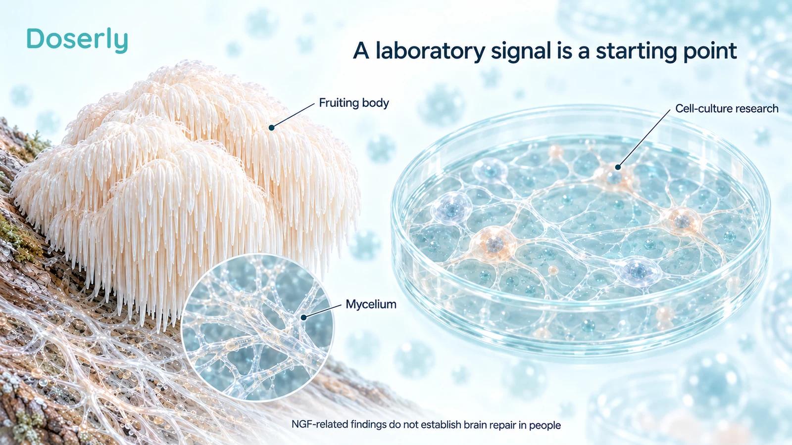 A detailed lion’s mane fruiting body, fungal mycelium inset, and separate cell-culture dish distinguish mushroom anatomy from preclinical nerve-growth research.