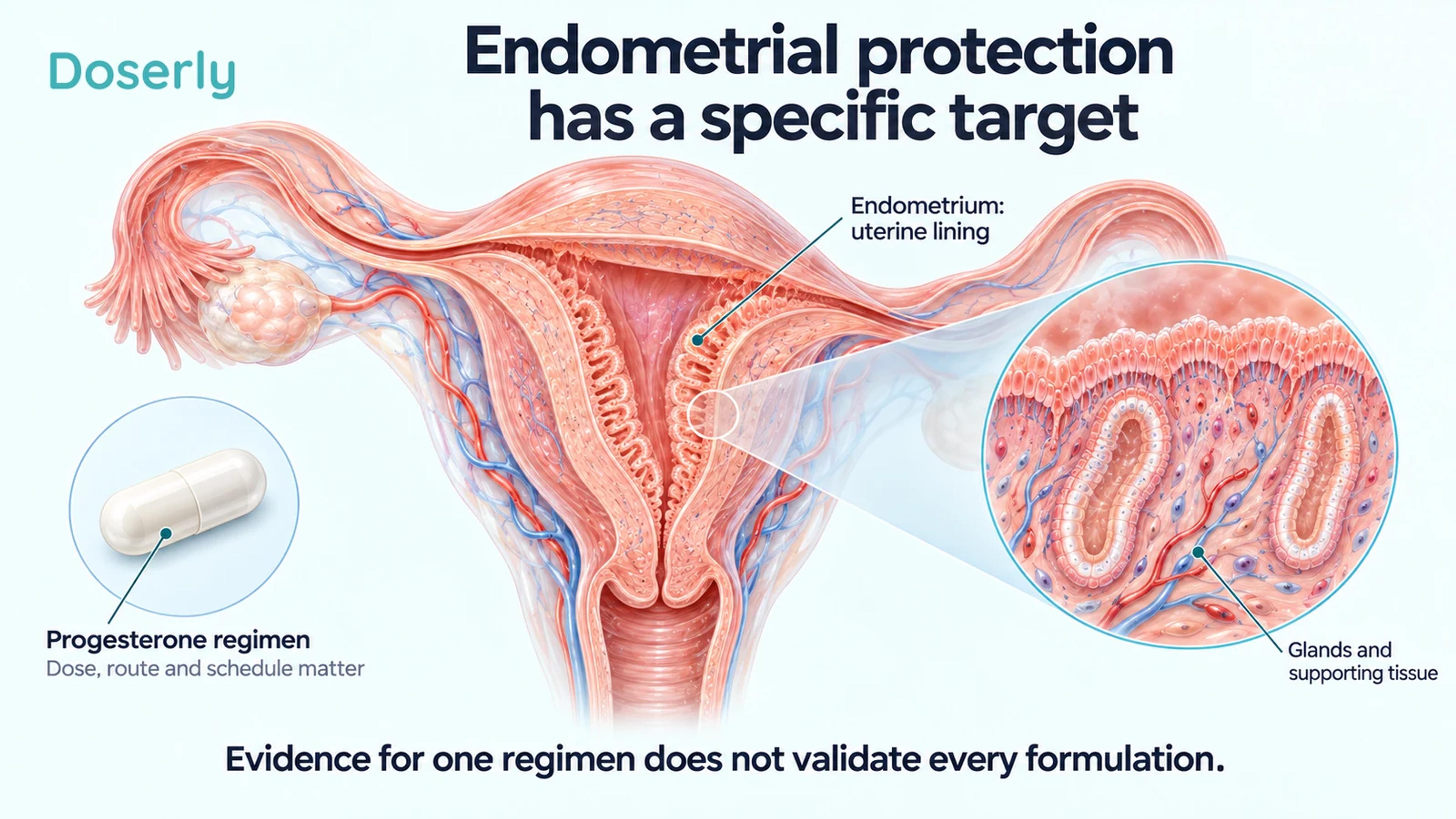 Detailed uterine cross-section and glandular endometrial inset identify the tissue targeted by a progesterone regimen.