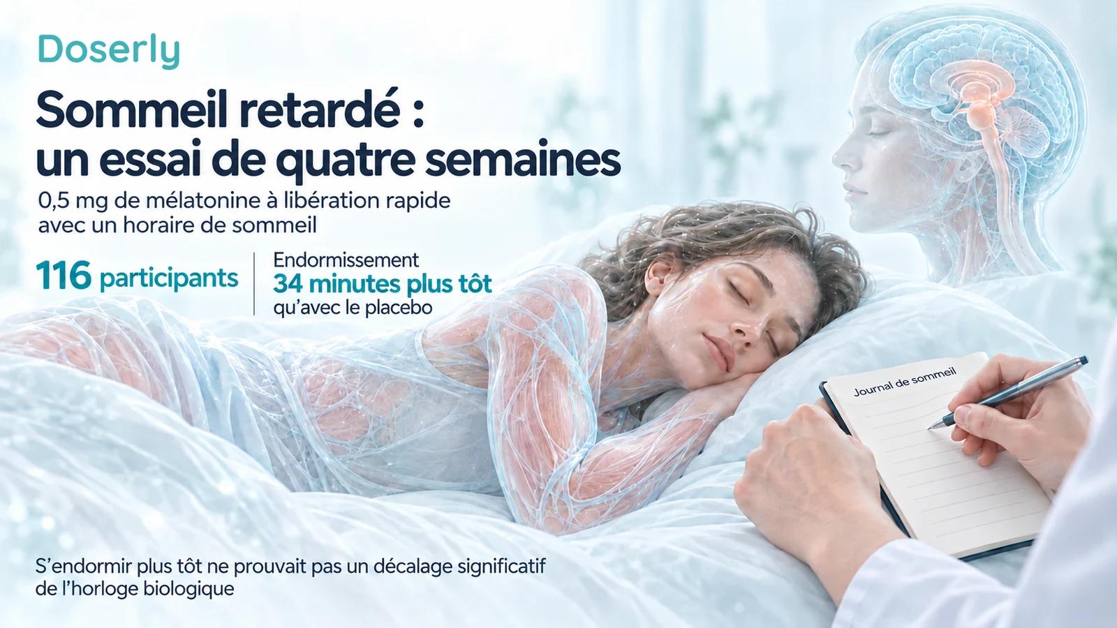 Un participant au repos et un journal de sommeil conceptuel illustrent l’essai de quatre semaines : 116 participants et un endormissement 34 minutes plus tôt qu’avec le placebo grâce à la mélatonine combinée à un horaire.