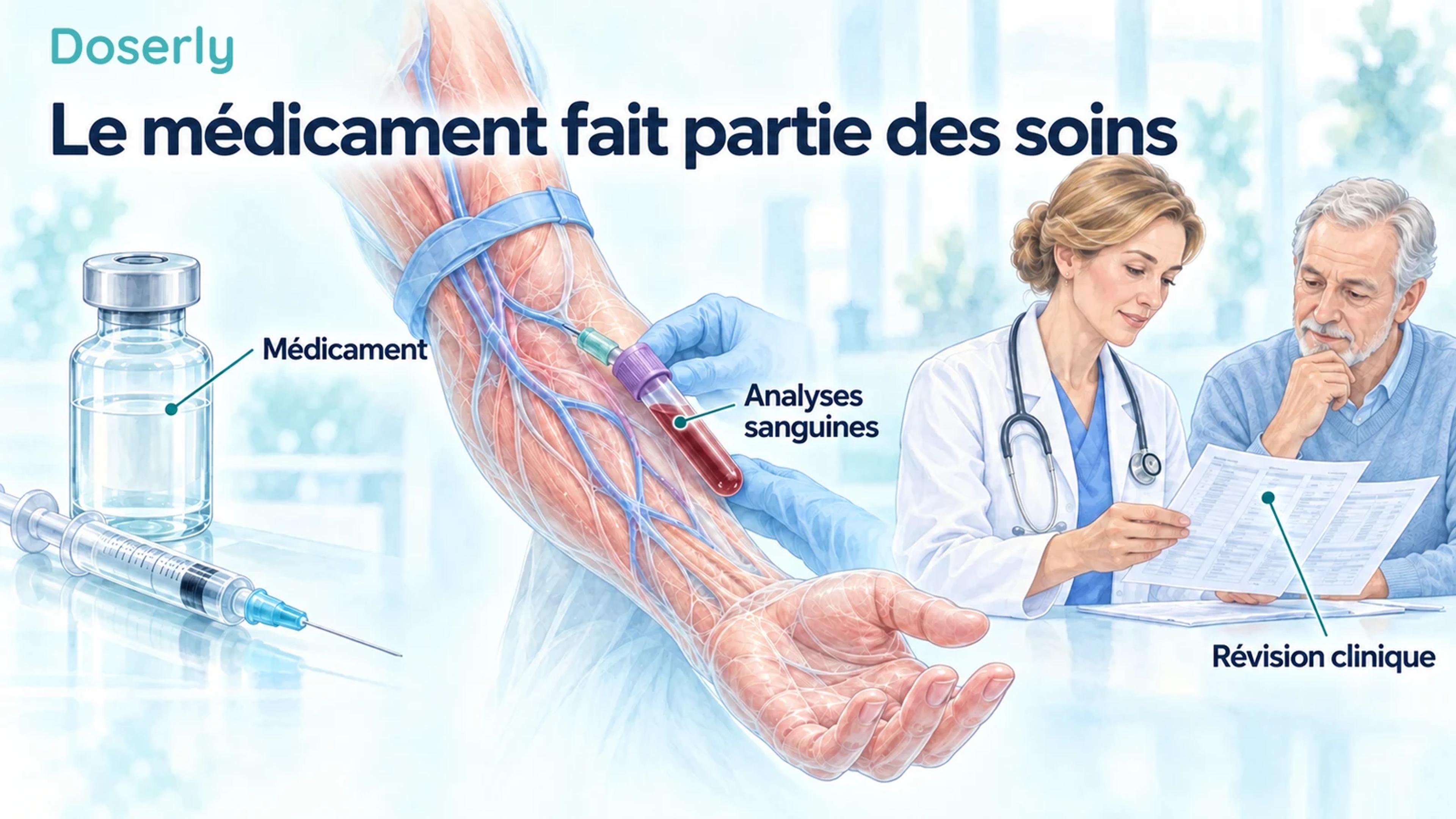 Illustration d’une fiole de testostérone à côté d’un prélèvement sanguin détaillé et d’un clinicien examinant les résultats d’un homme adulte, montrant des volets distincts des soins continus.