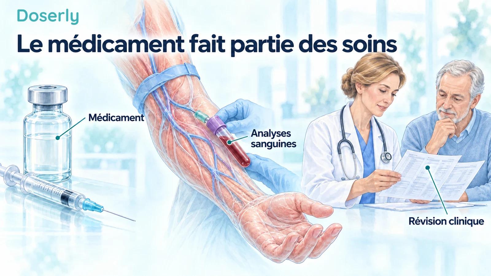 Illustration d’une fiole de testostérone à côté d’un prélèvement sanguin détaillé et d’un clinicien examinant les résultats d’un homme adulte, montrant des volets distincts des soins continus.