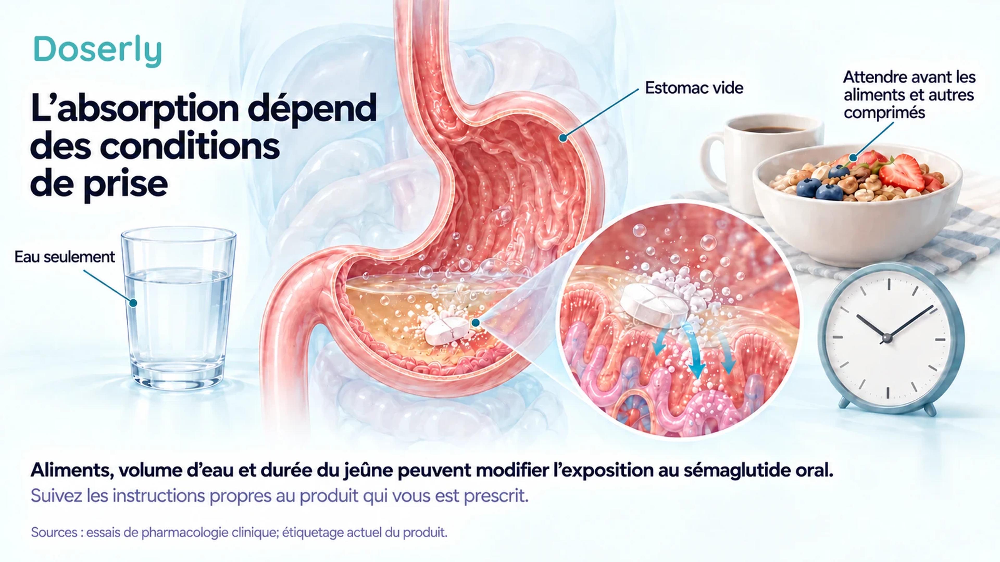 Une illustration détaillée de l’estomac accompagnée d’eau, d’un déjeuner et d’une horloge explique les facteurs qui influencent l’absorption du comprimé.