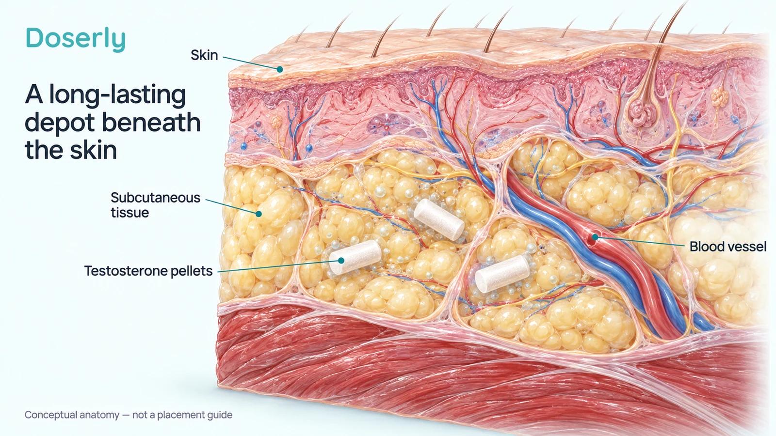 Detailed skin and subcutaneous fat cross-section showing testosterone pellets beneath the skin and a nearby vessel, without depicting an implantation procedure.