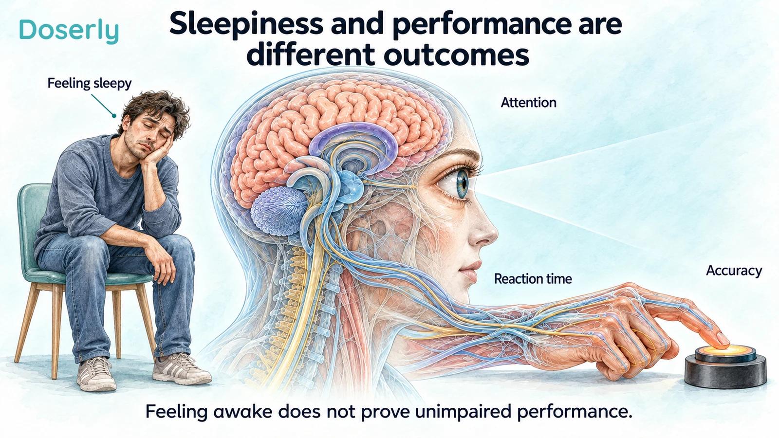 A tired adult and an eye-brain-hand response task illustrate subjective sleepiness, attention, reaction time and accuracy.