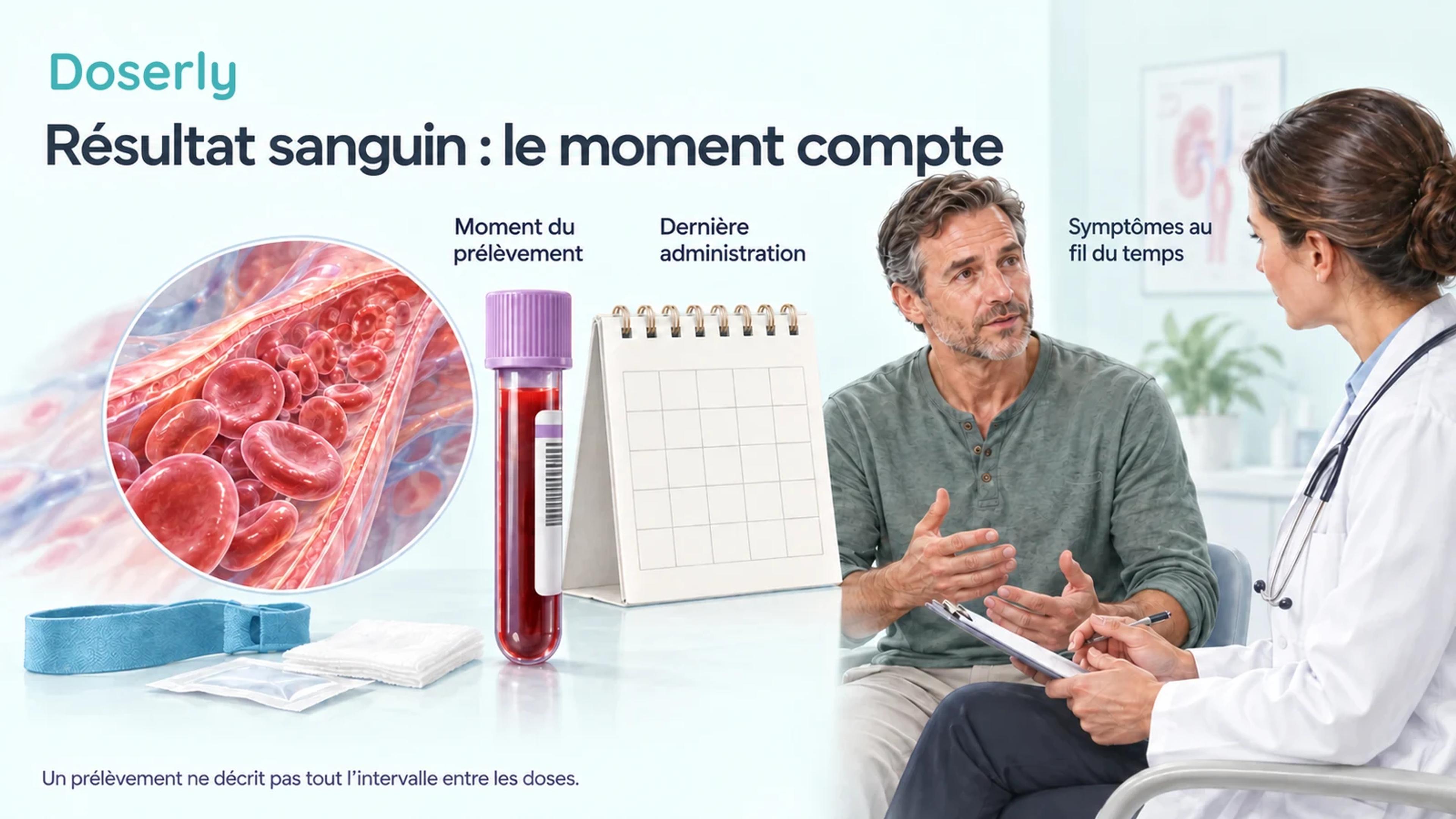 Illustration d’un échantillon sanguin près d’un calendrier et d’une conversation entre patient et clinicien, distinguant le moment de l’administration, celui des prises de sang et l’évaluation des symptômes.