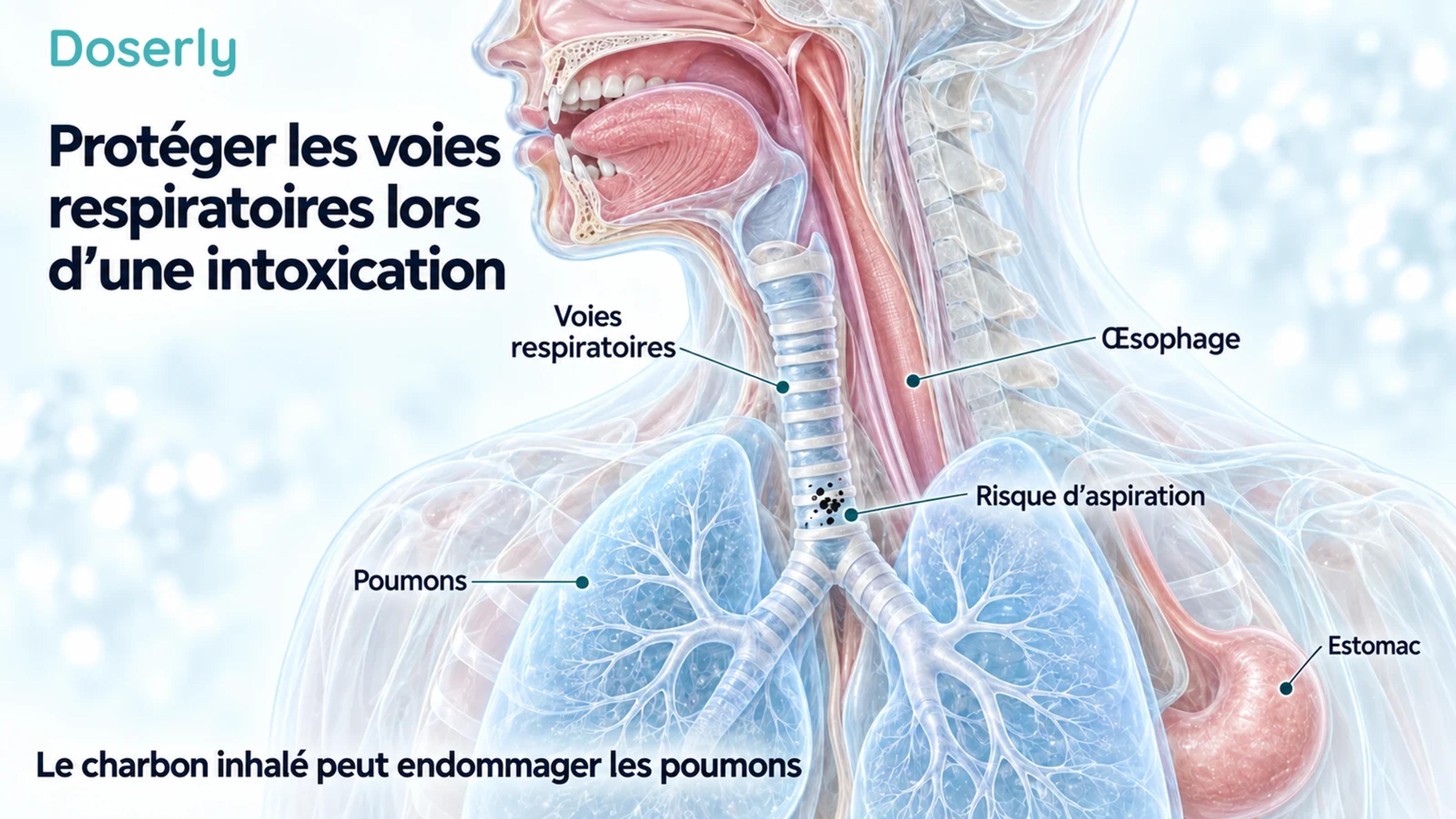 Une vue en coupe de type atlas médical distingue les voies respiratoires à anneaux cartilagineux et les poumons de l’œsophage, avec des particules de charbon dans les voies respiratoires pour illustrer le risque d’aspiration.