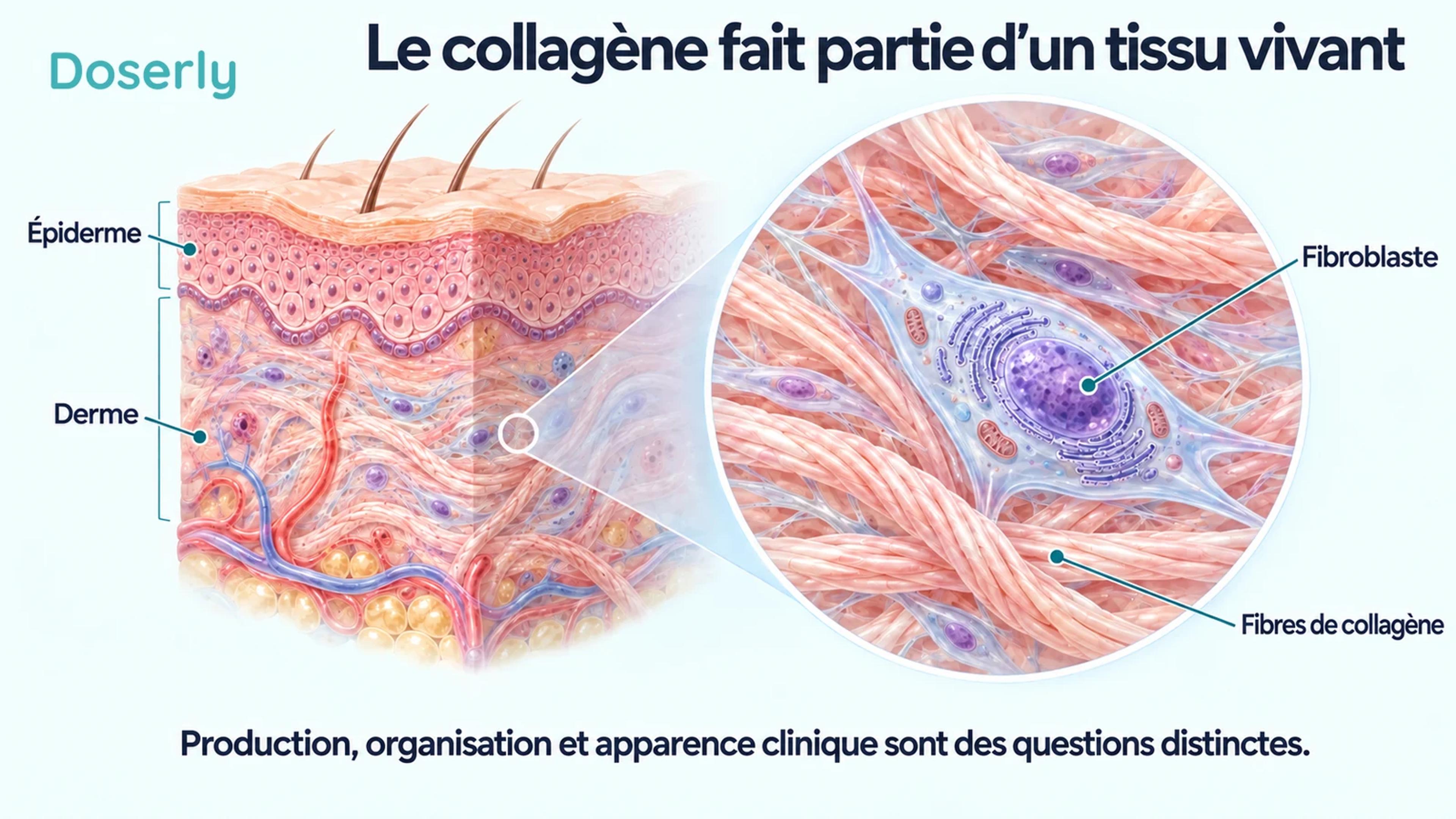 Une coupe de la peau et un fibroblaste agrandi entouré de fibres de collagène.